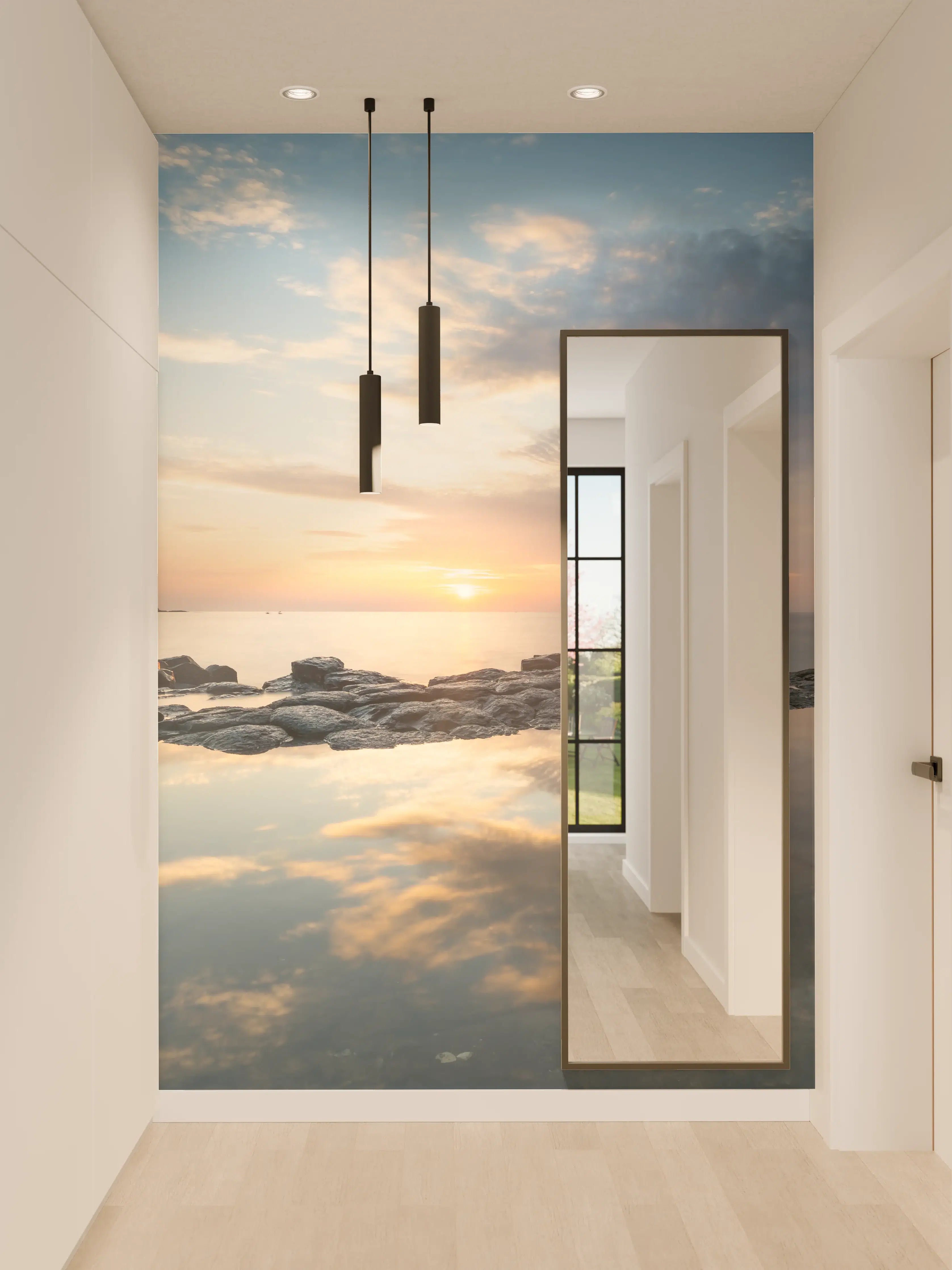 Wandverkleidung Flur - Sonnenuntergang über dem Wasser mit Felsen und Wolken