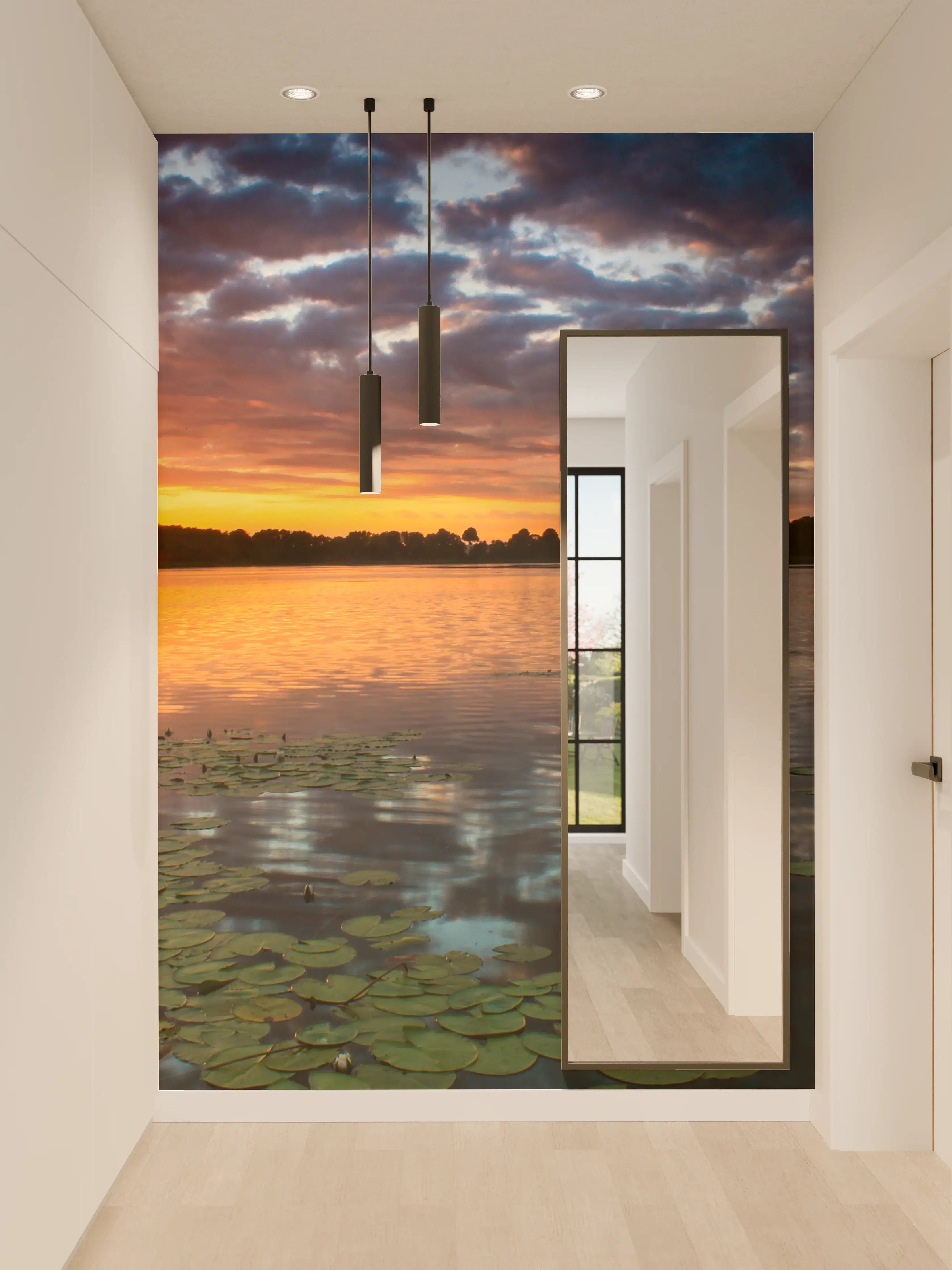 Wandverkleidung Flur - Sonnenuntergang über dem Wasser mit Seerosen