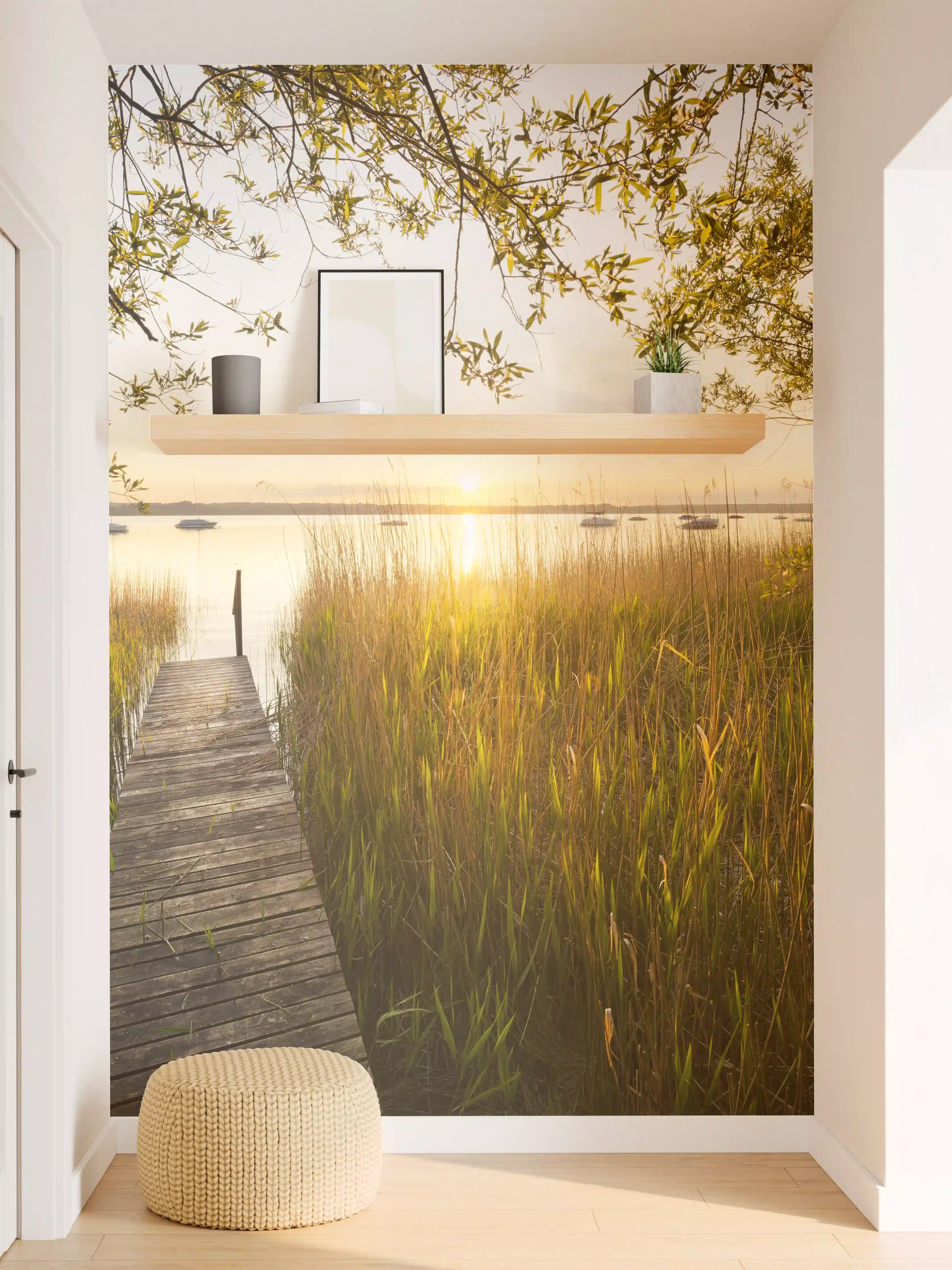 Wandverkleidung Flur - Sonnenuntergang über dem ruhigen See mit Steg