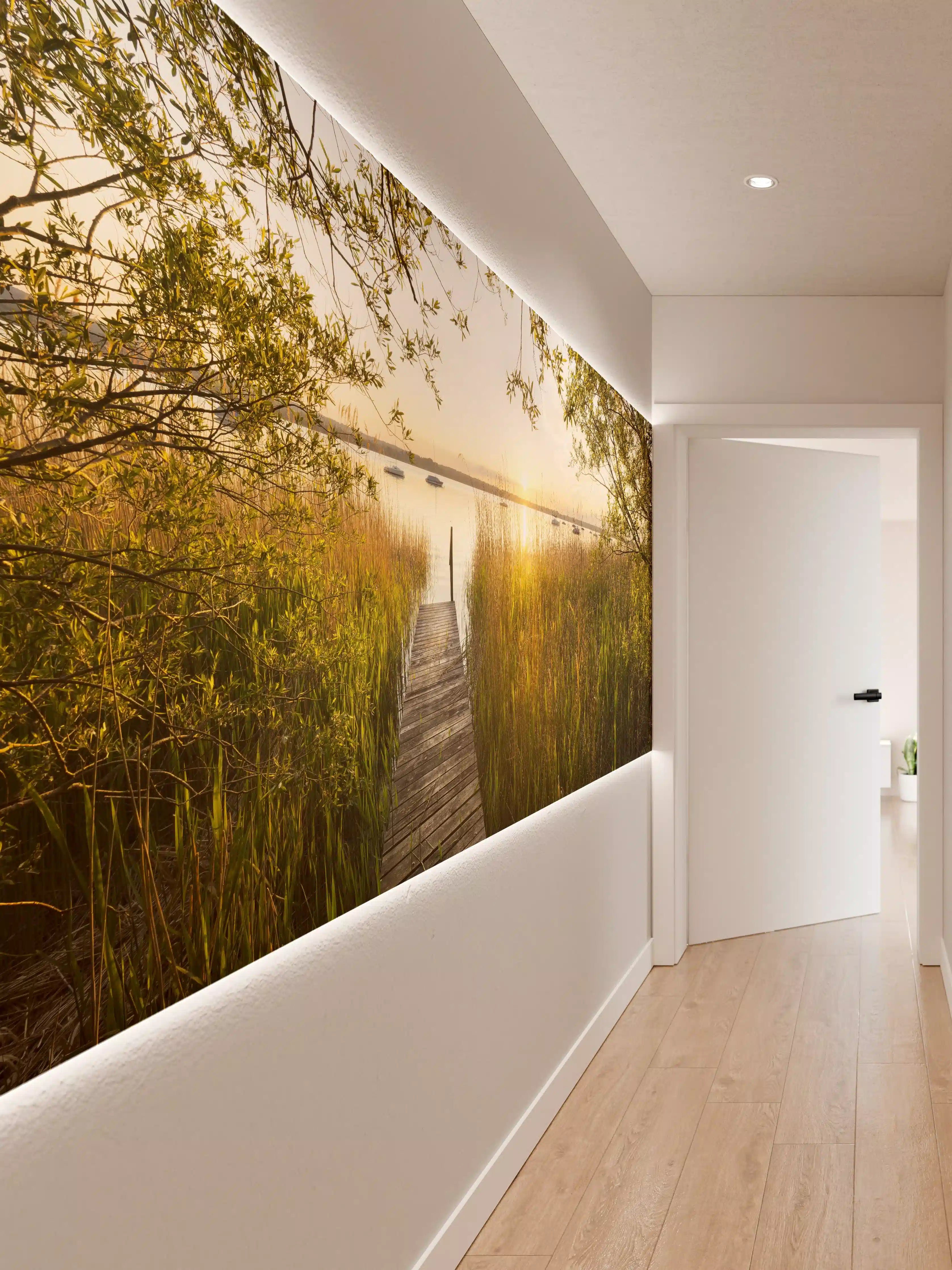 Wandverkleidung Flur - Sonnenuntergang über dem ruhigen See mit Steg