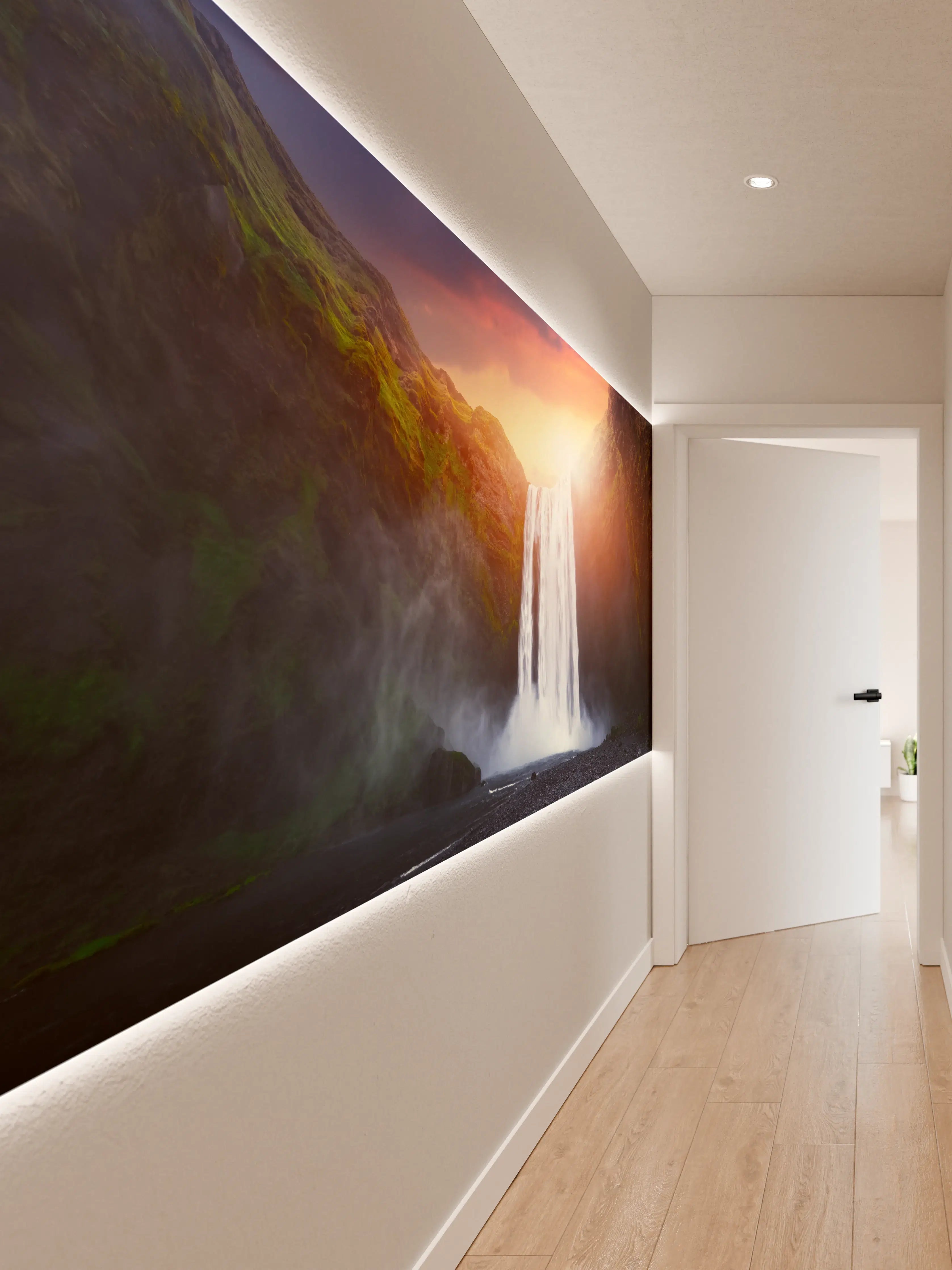 Wandverkleidung Flur - Spannende Wasserfall-Landschaft bei Sonnenuntergang