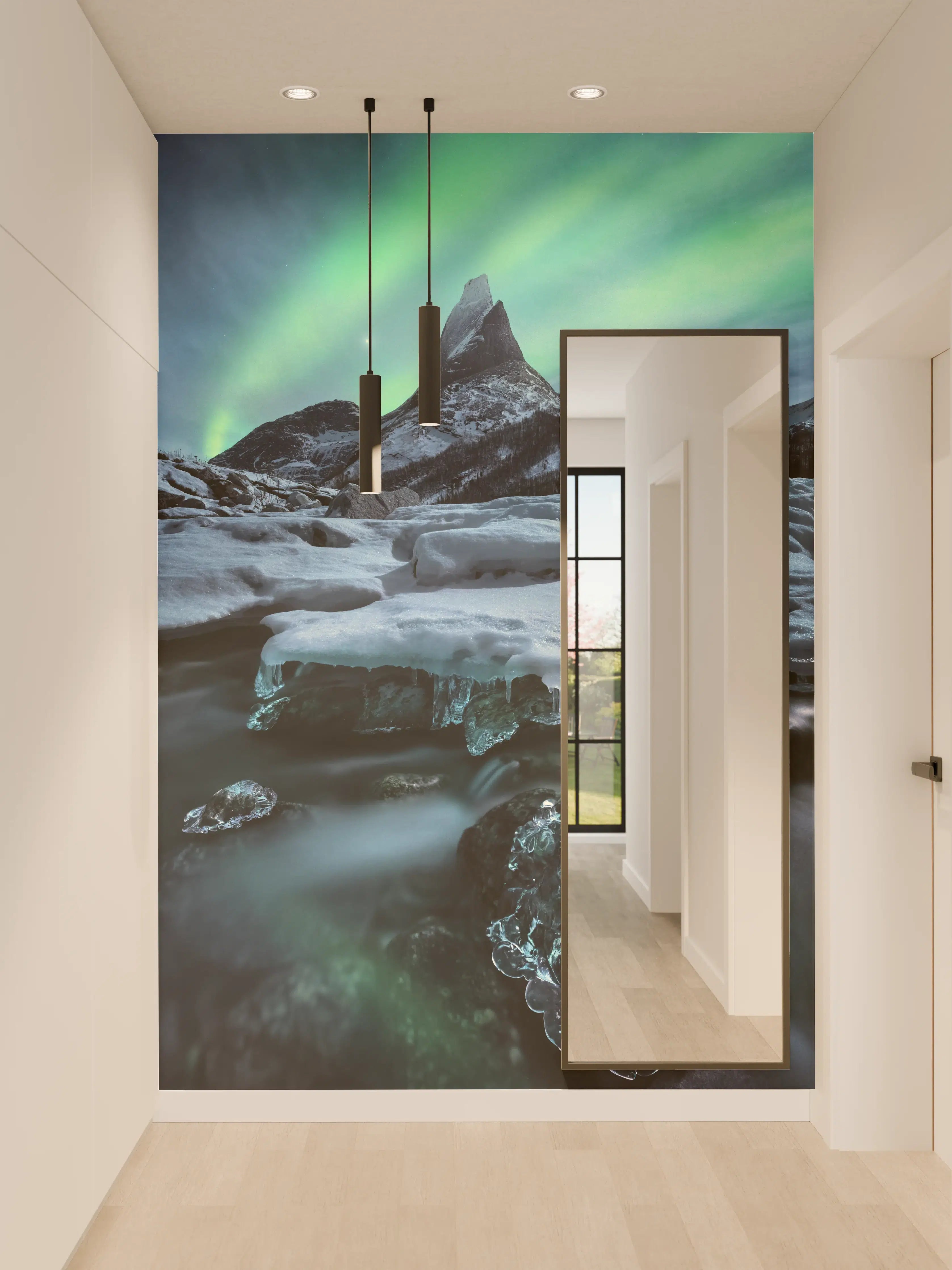 Wandverkleidung Flur - Spektakuläres Nordlicht über schneebedecktem Berg