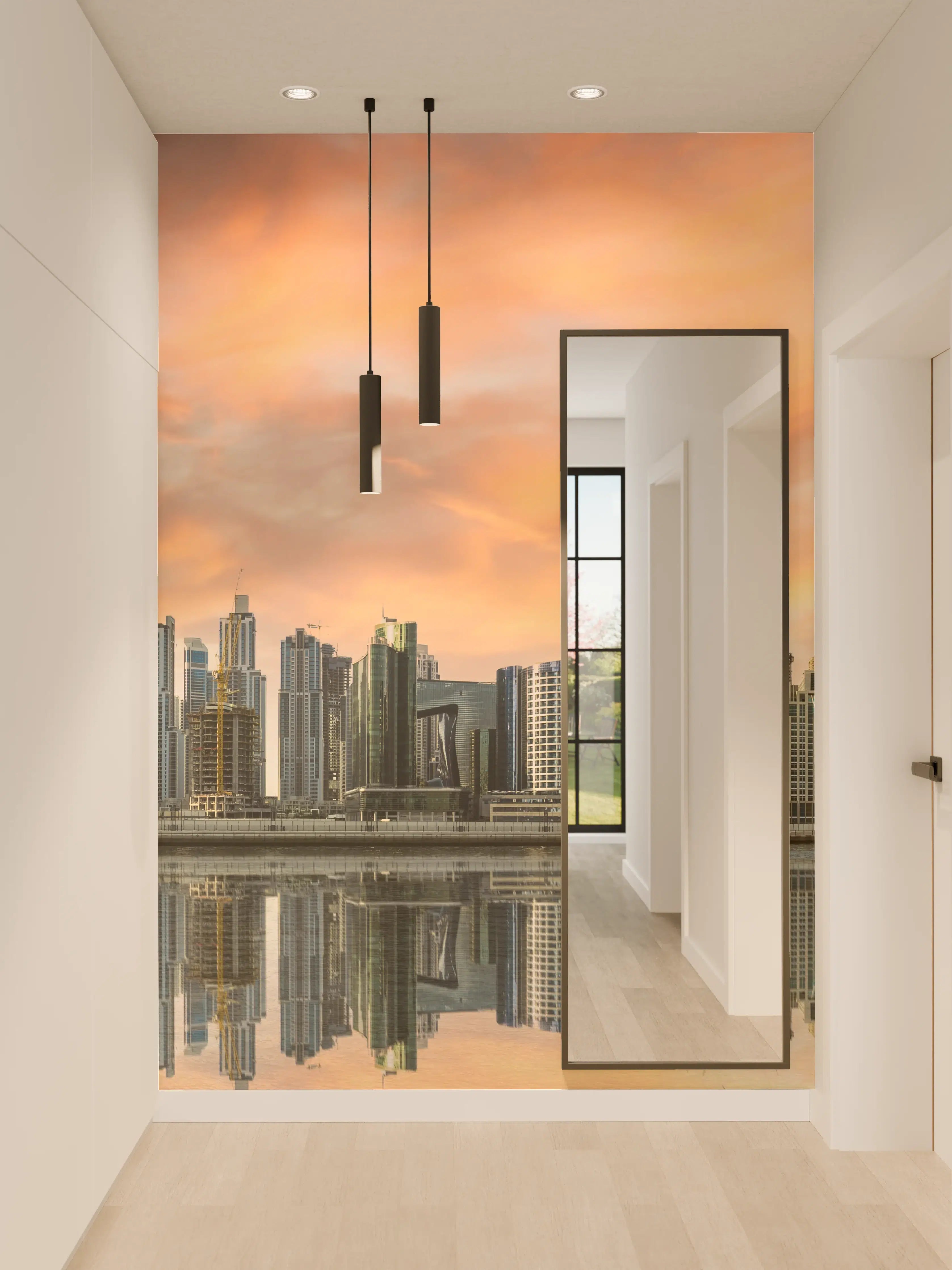 Wandverkleidung Flur - Stadt-Skyline im Abendrot