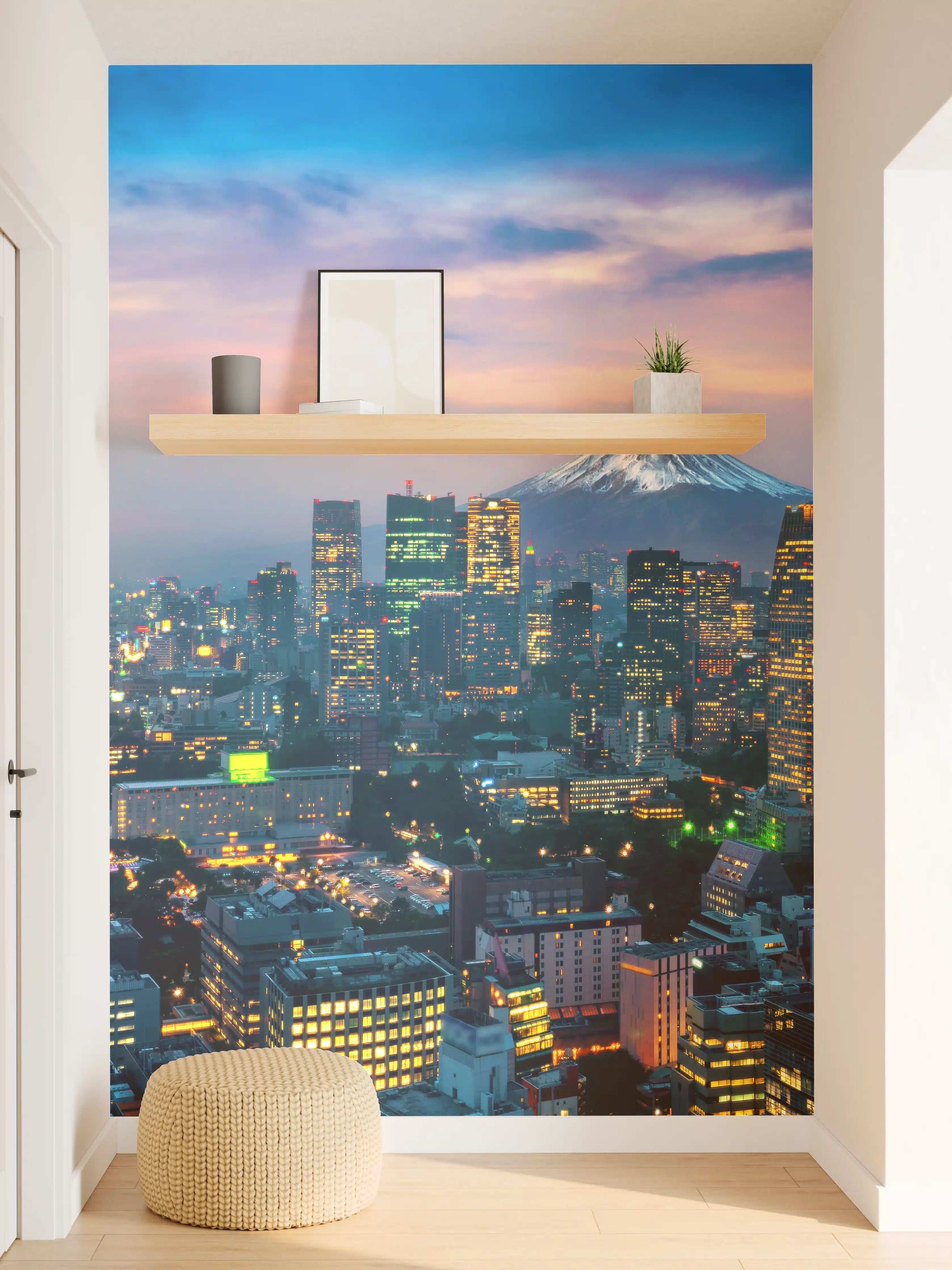 Wandverkleidung Flur - Stadt Tokyo bei Sonnenuntergang mit Mount Fuji im Hintergrund