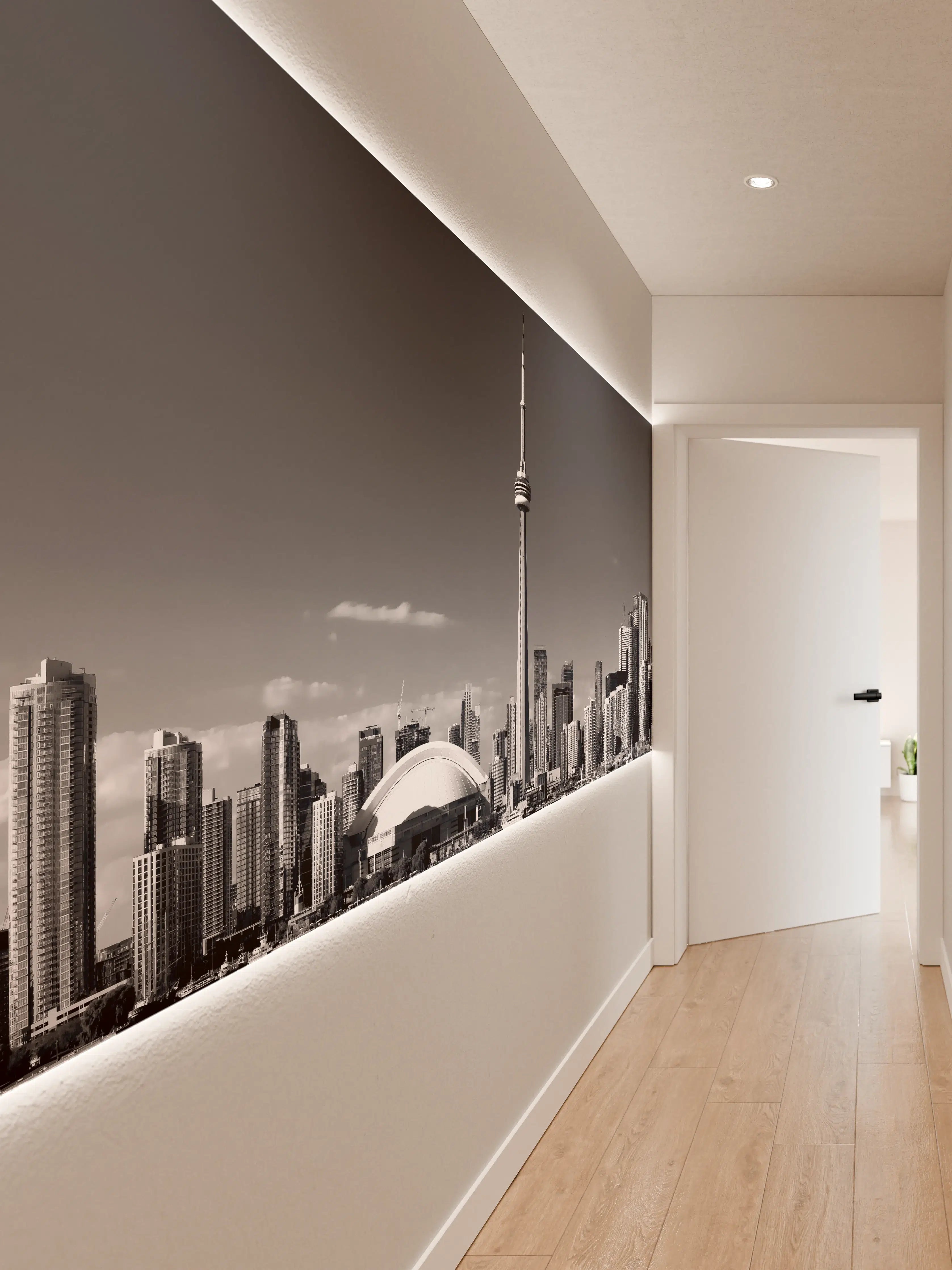 Wandverkleidung Flur - Stadtbild Toronto im Schwarz-Weiß-Design