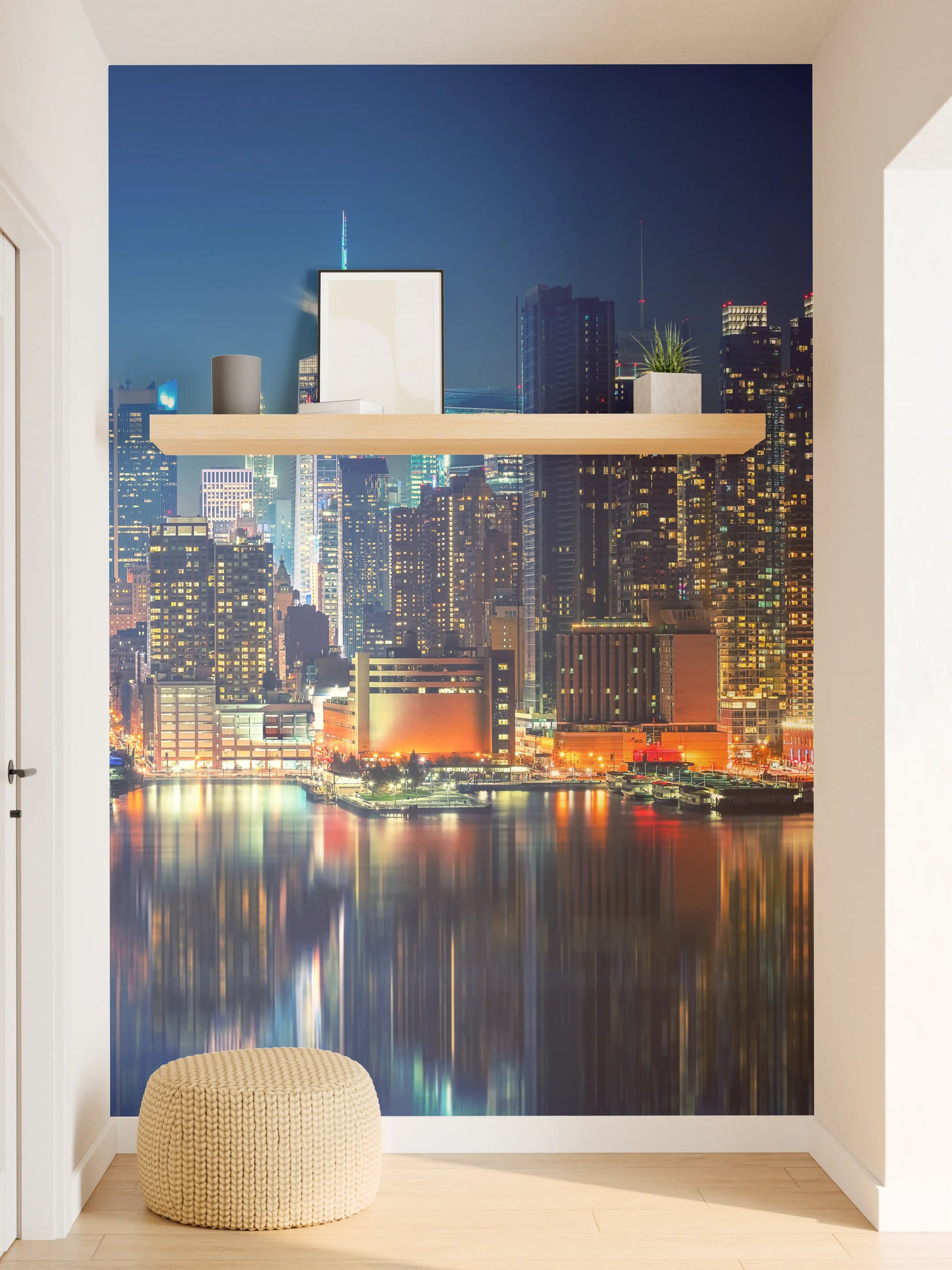 Wandverkleidung Flur - Stadtnacht am Hudson River mit Skyline bei Nacht