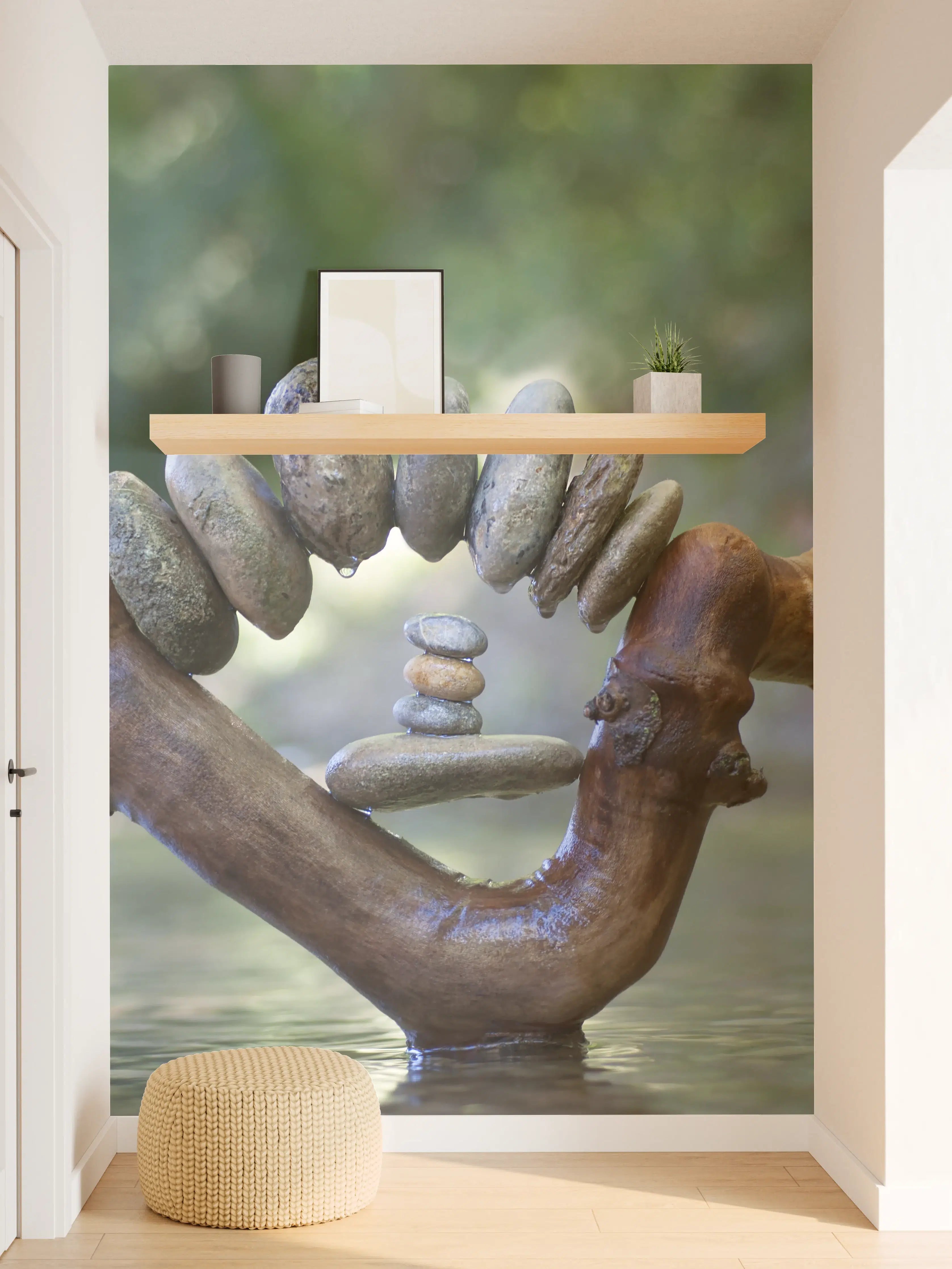 Wandverkleidung Flur - Stein- und Holzskulptur im Wasser