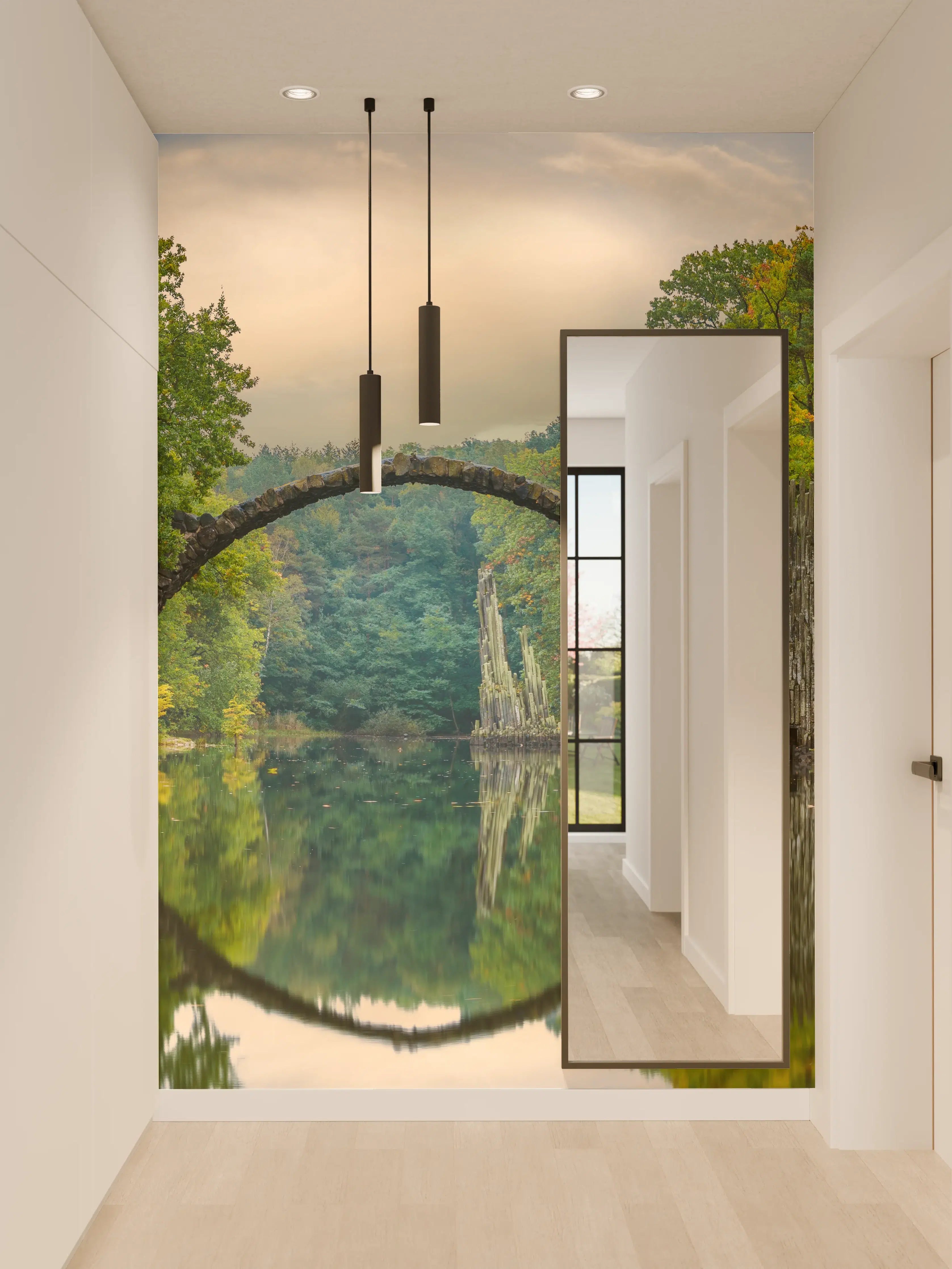Wandverkleidung Flur - Steinbrücke über Fluss im Wald