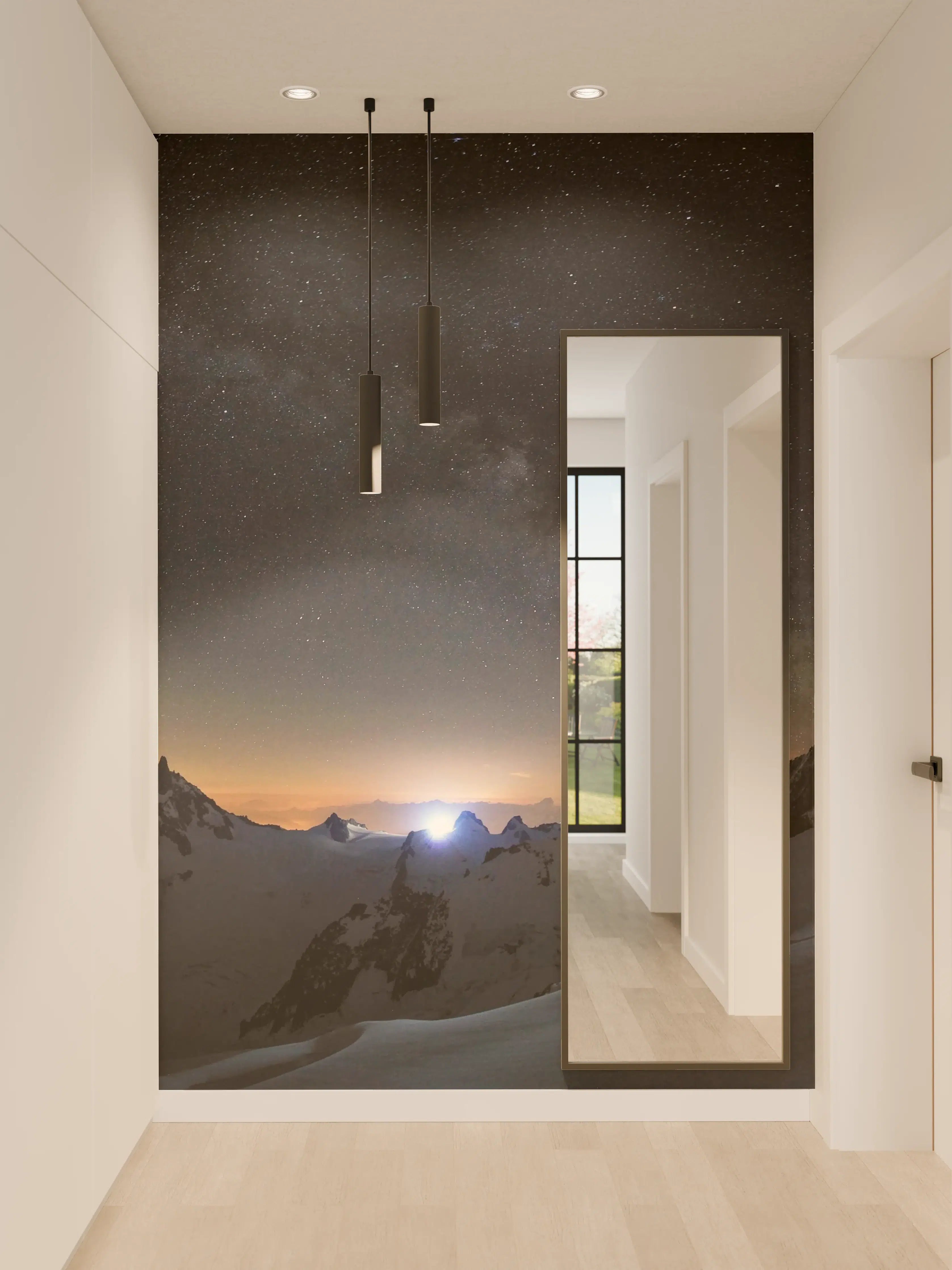 Wandverkleidung Flur - Sternenhimmel über verschneiten Bergen bei Nacht