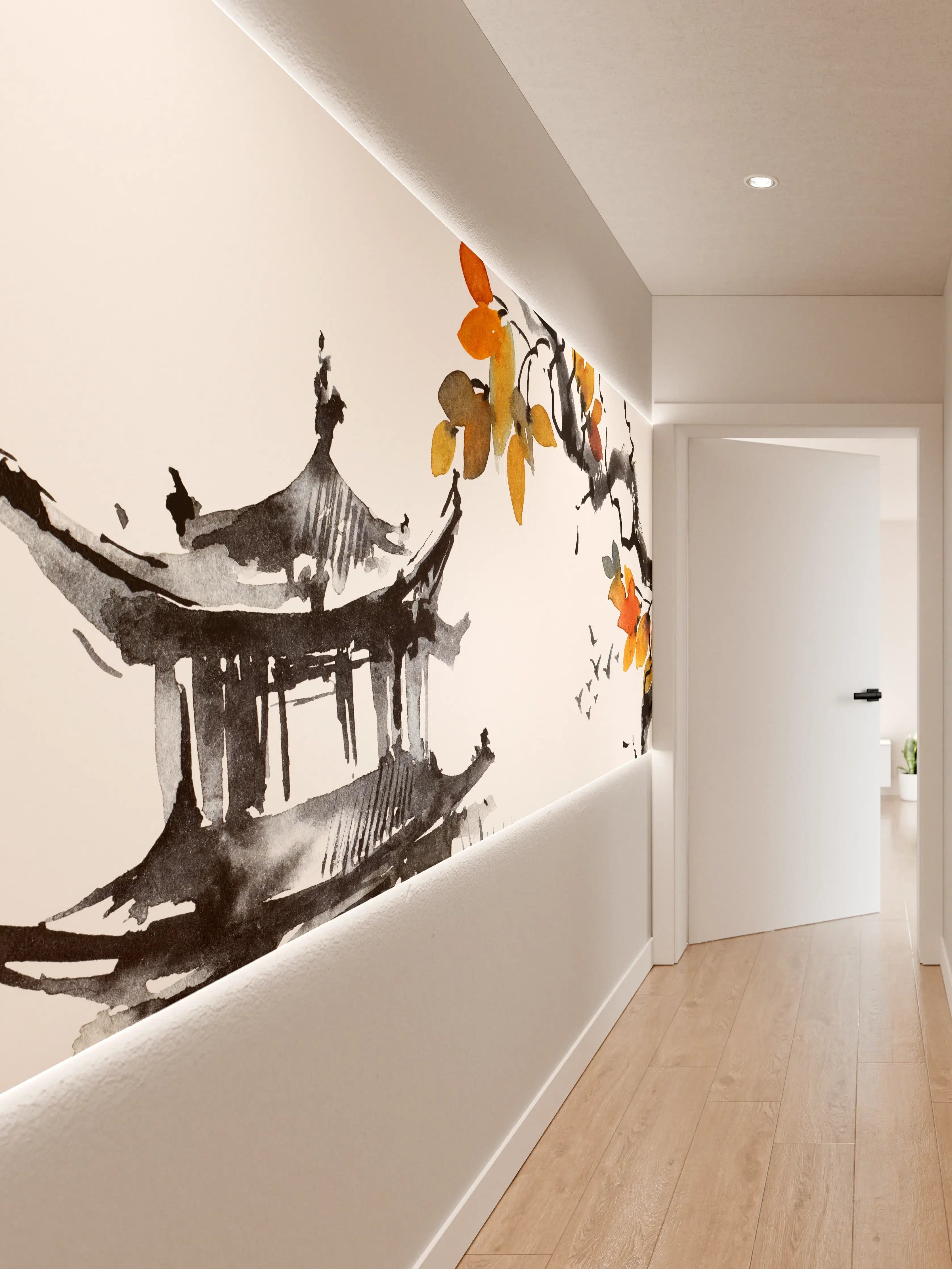 Wandverkleidung Flur - Stilvolle asiatische Wasserfarbenkunst