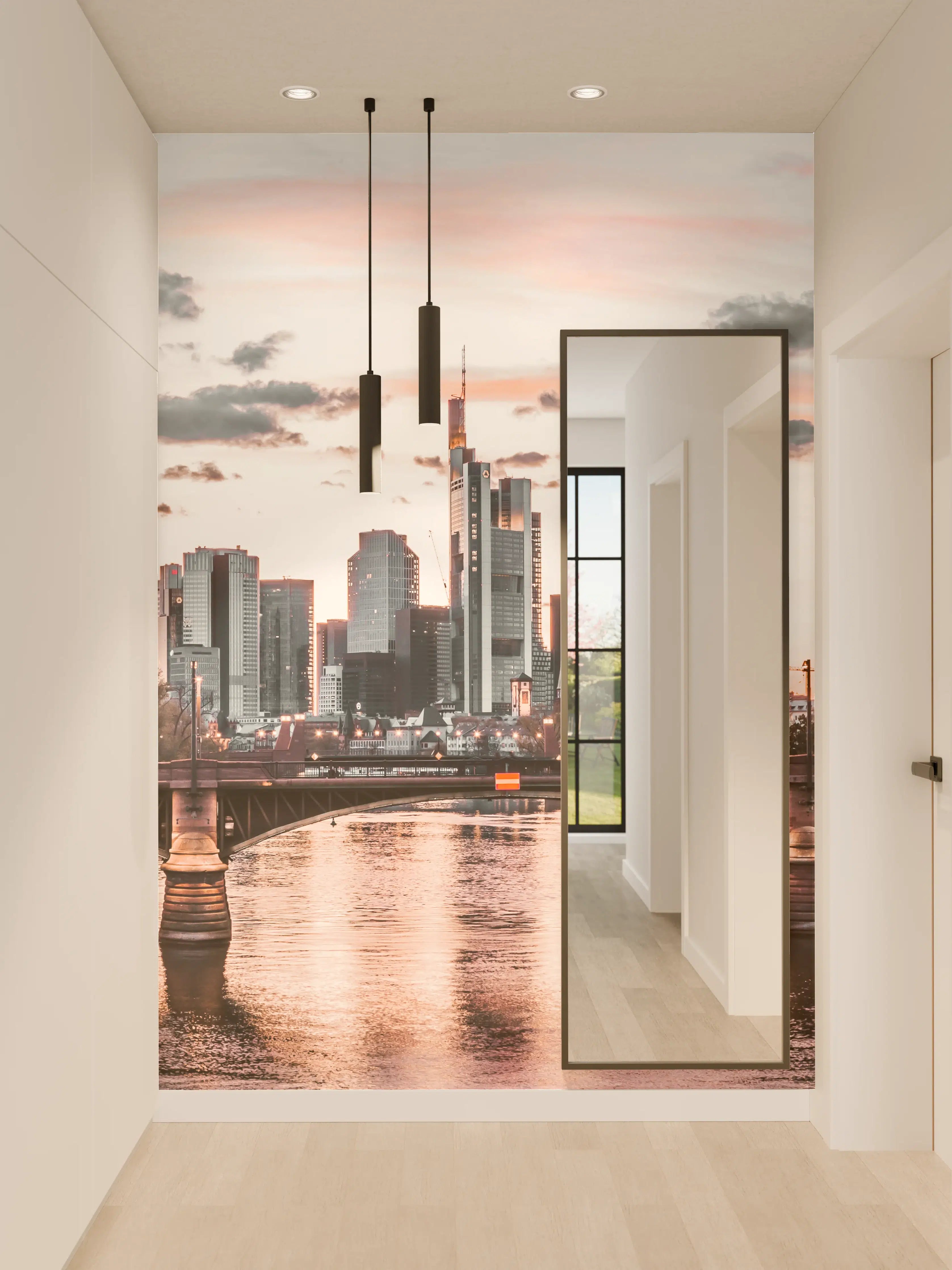 Wandverkleidung Flur - Stimmungsvoller Blick auf die Skyline von Frankfurt bei Sonnenuntergang