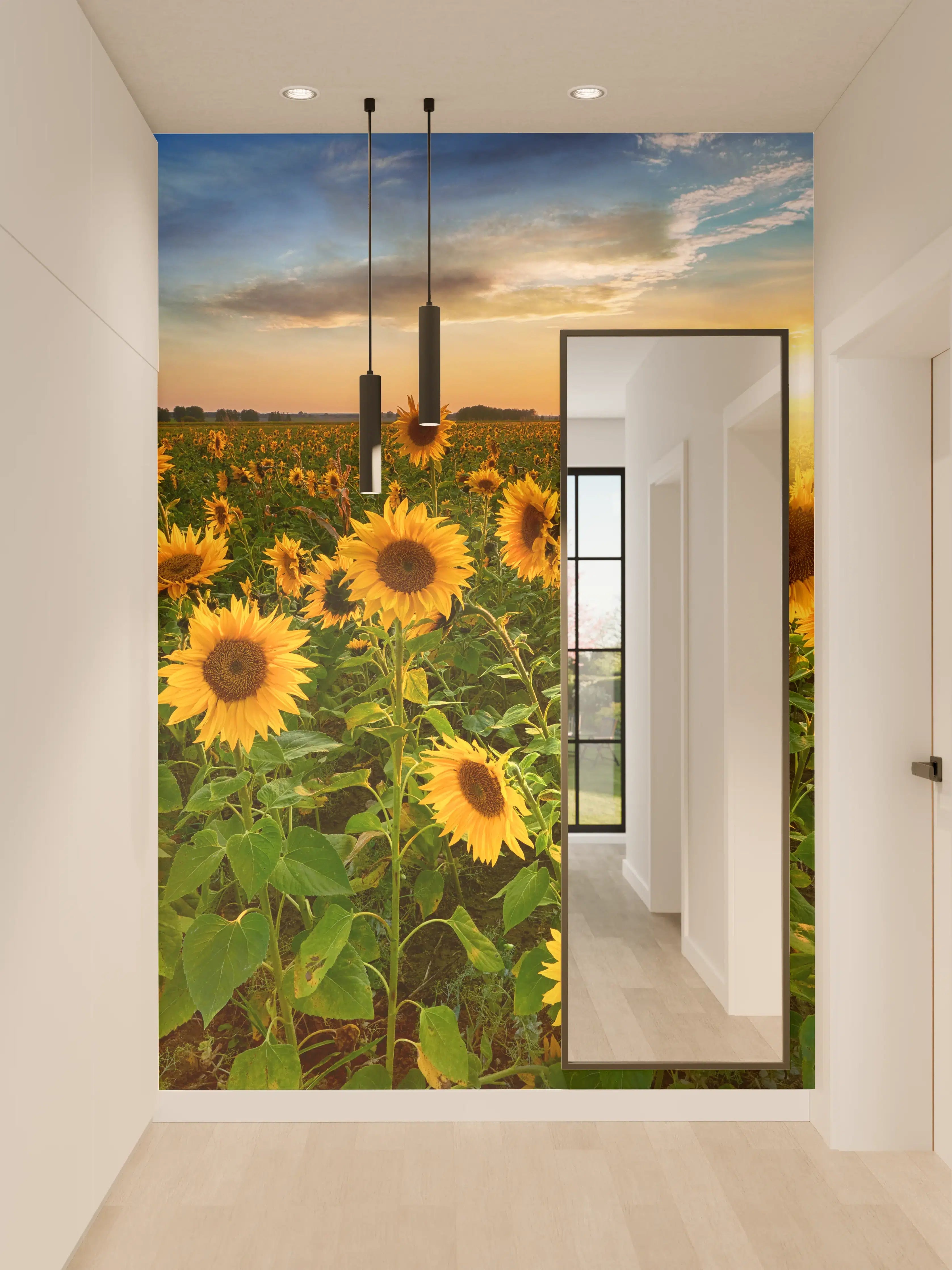 Wandverkleidung Flur - Strahlendes Sonnenblumenfeld bei Sonnenuntergang