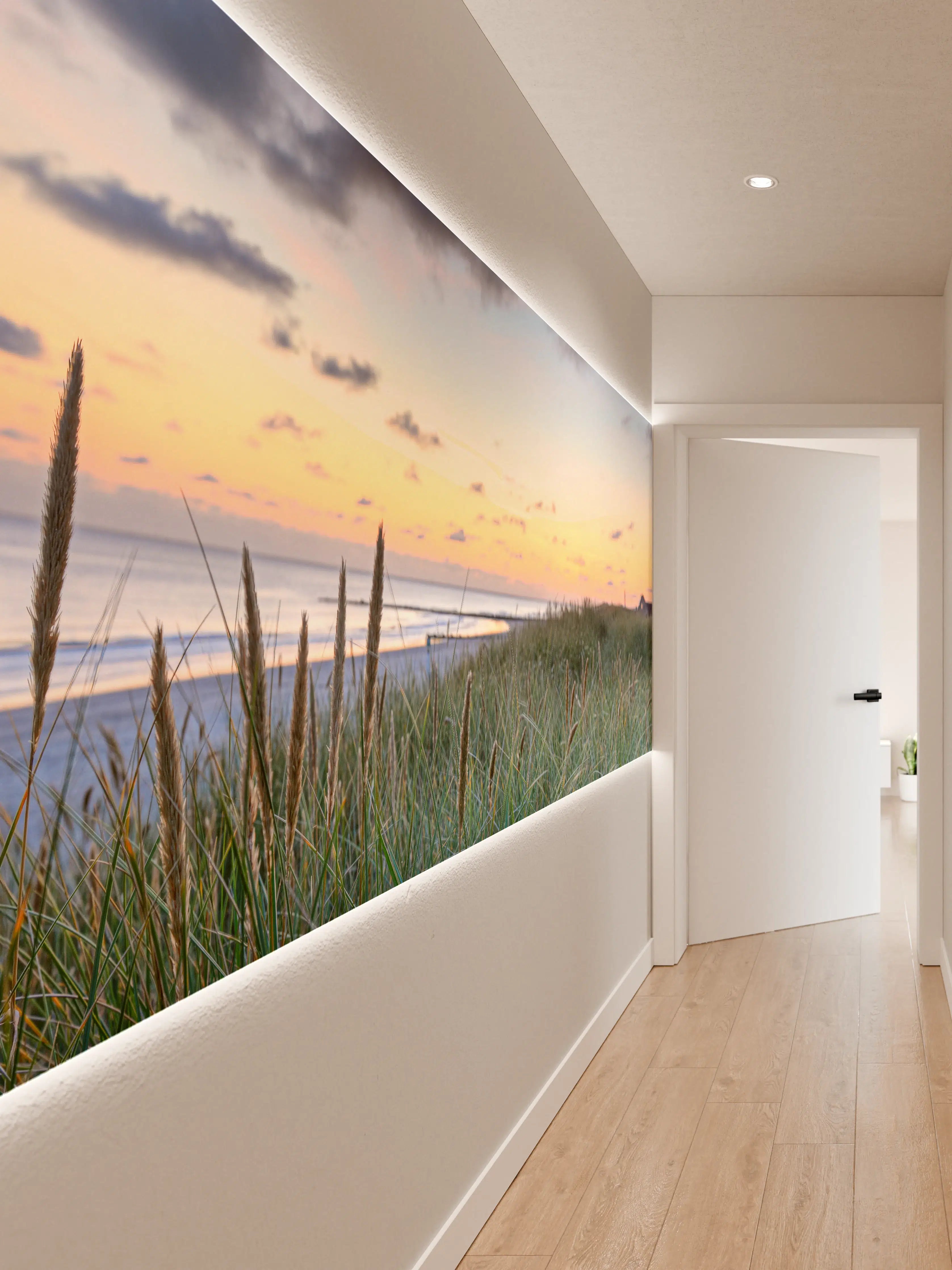 Wandverkleidung Flur - Strand bei Sonnenuntergang in sanften Tönen