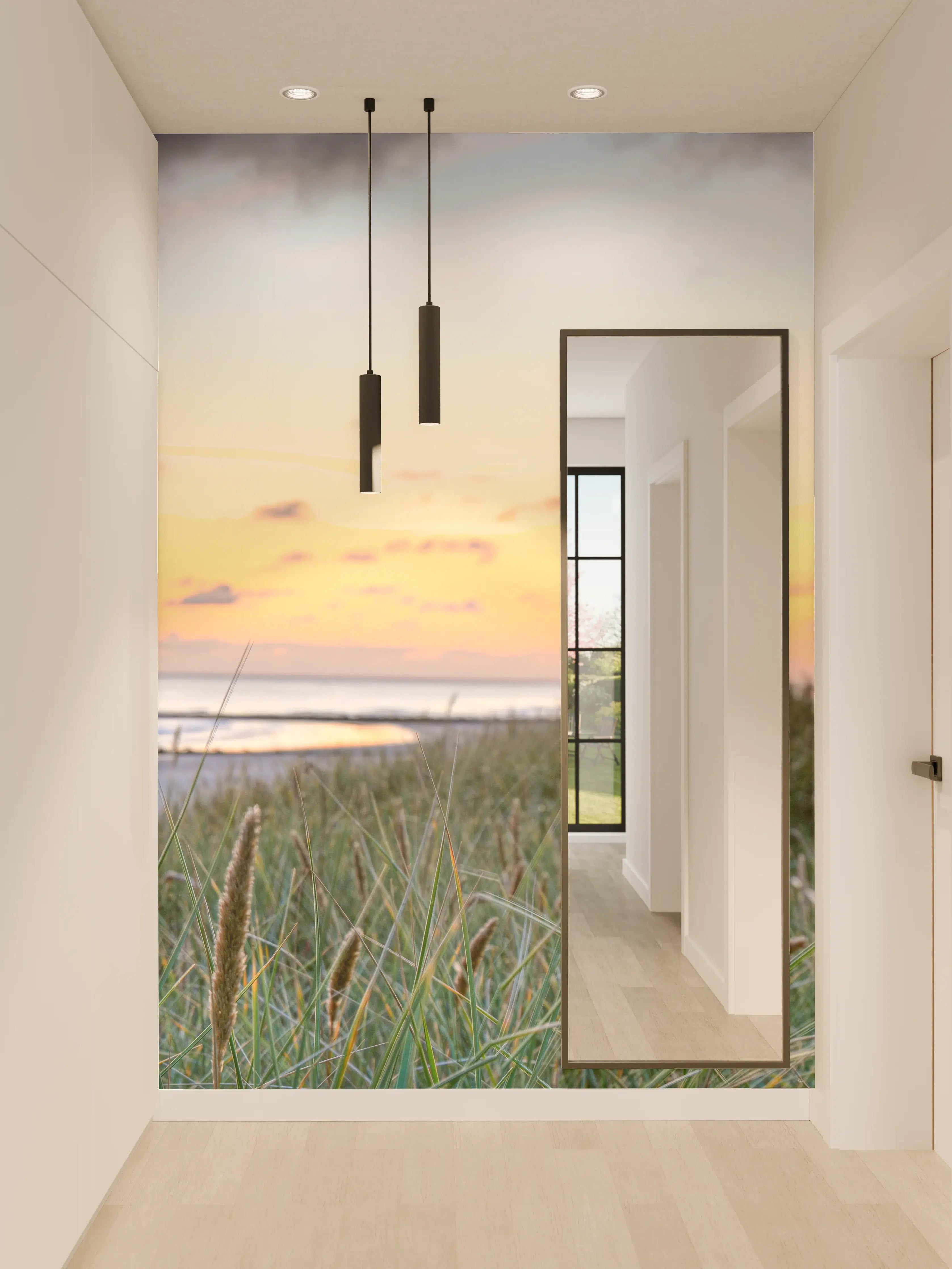 Wandverkleidung Flur - Strand bei Sonnenuntergang in sanften Tönen