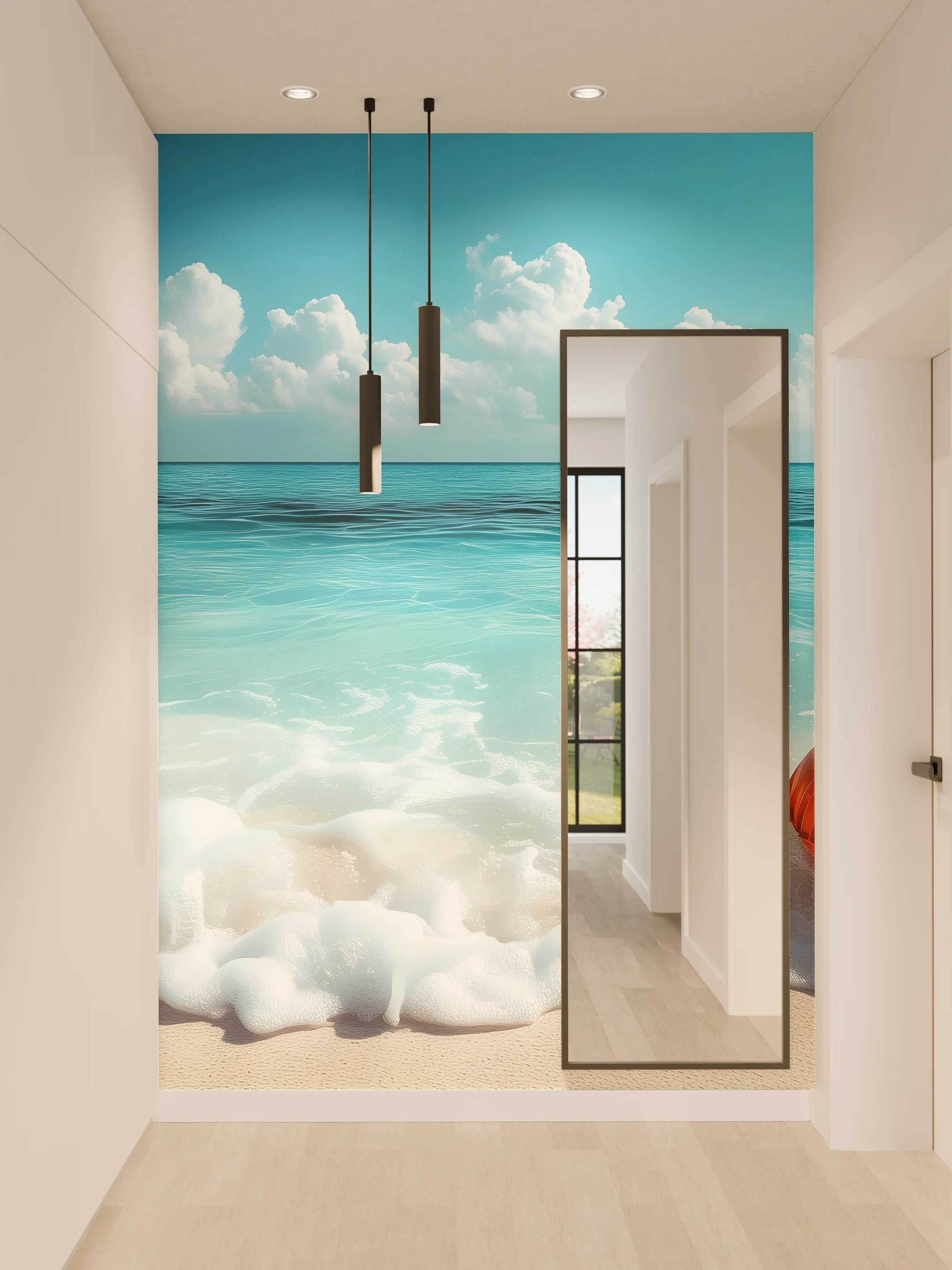 Wandverkleidung Flur - Strand mit orangefarbener Schwimmringe