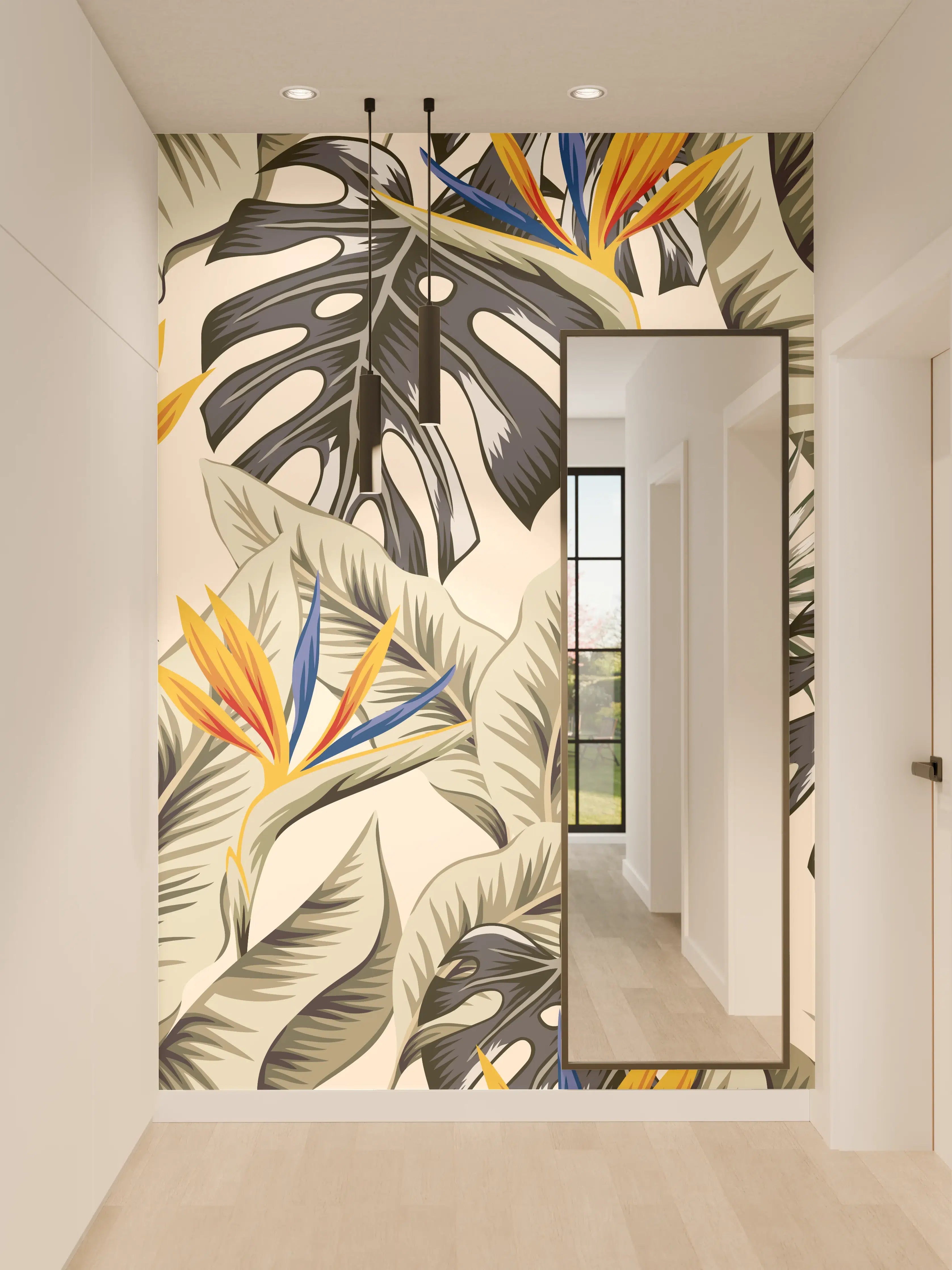 Wandverkleidung Flur - Strelitzia Tropenblätter Beige-Orange
