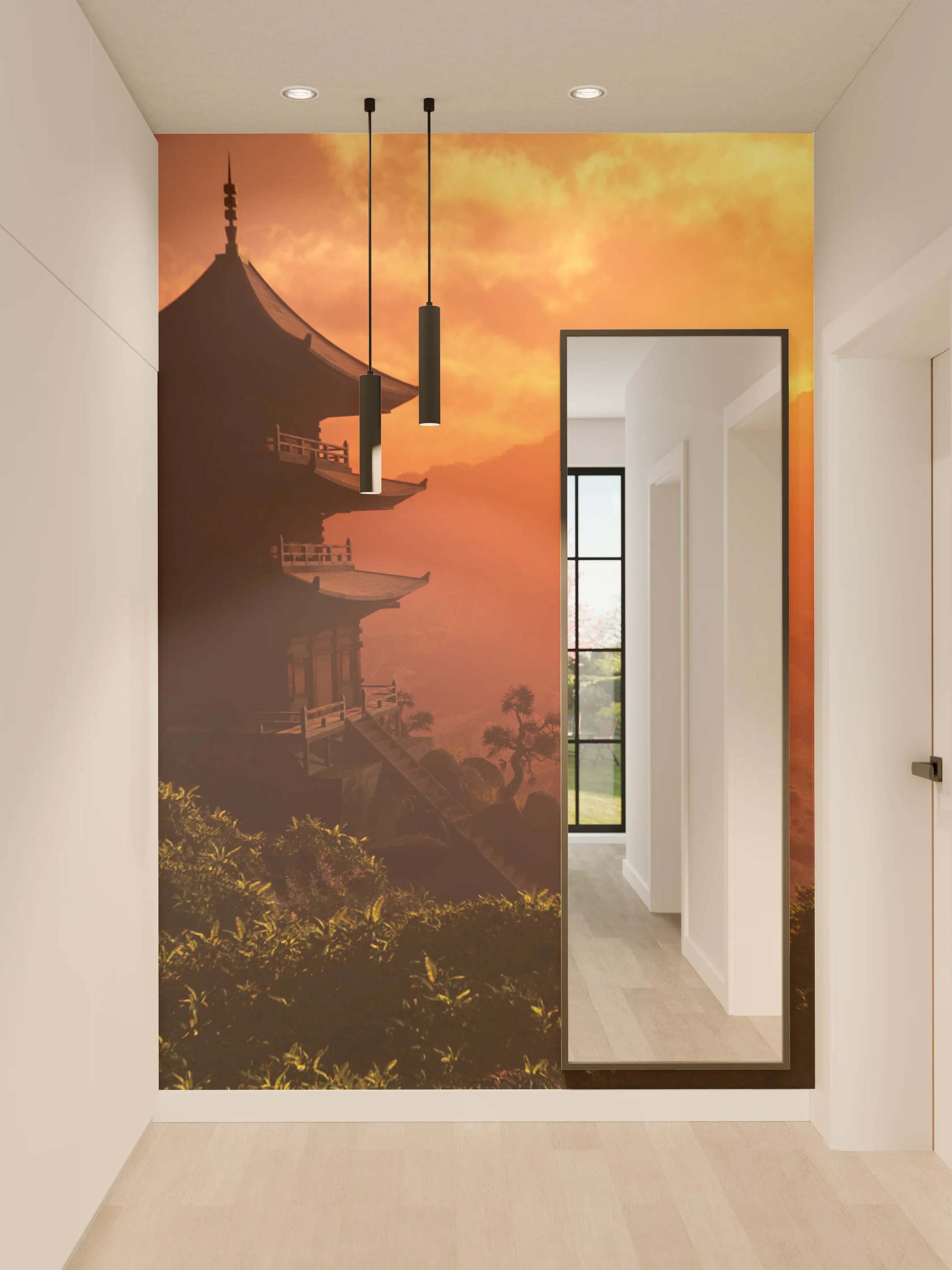 Wandverkleidung Flur - Traditionelle Pagode im Sonnenuntergang