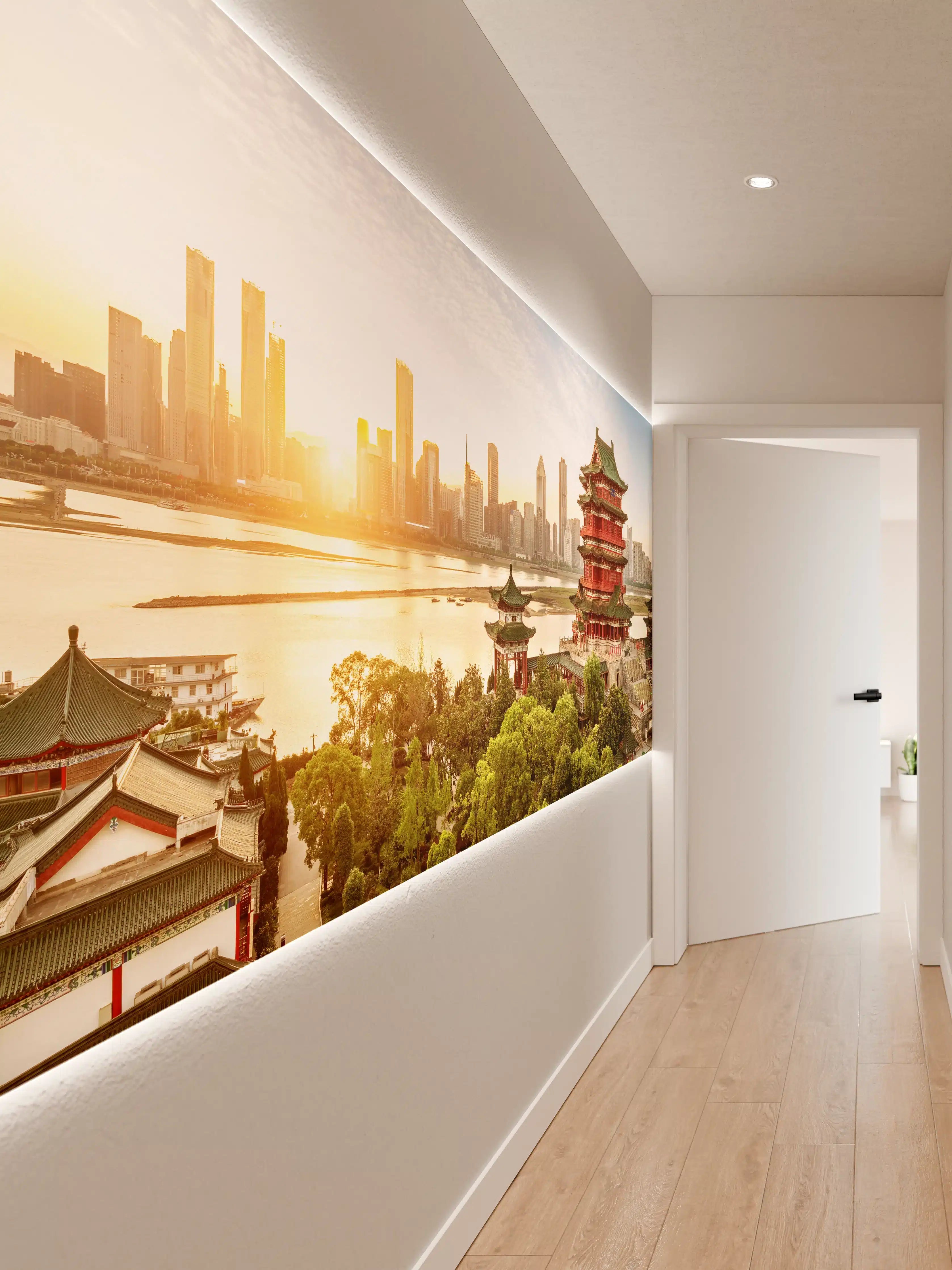 Wandverkleidung Flur - Traditionelle chinesische Tempel mit moderner Skyline im Hintergrund