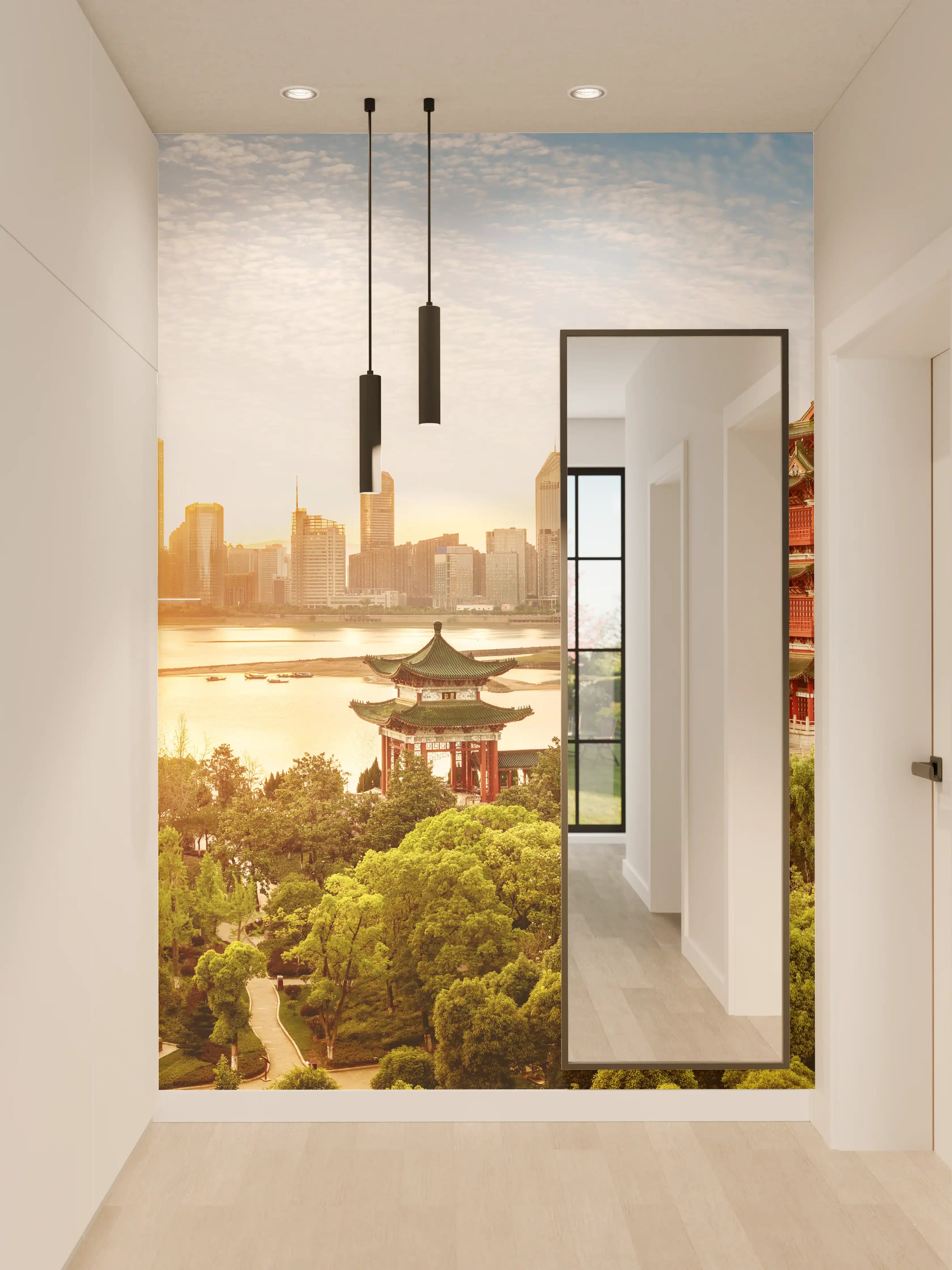Wandverkleidung Flur - Traditionelle chinesische Tempel mit moderner Skyline im Hintergrund
