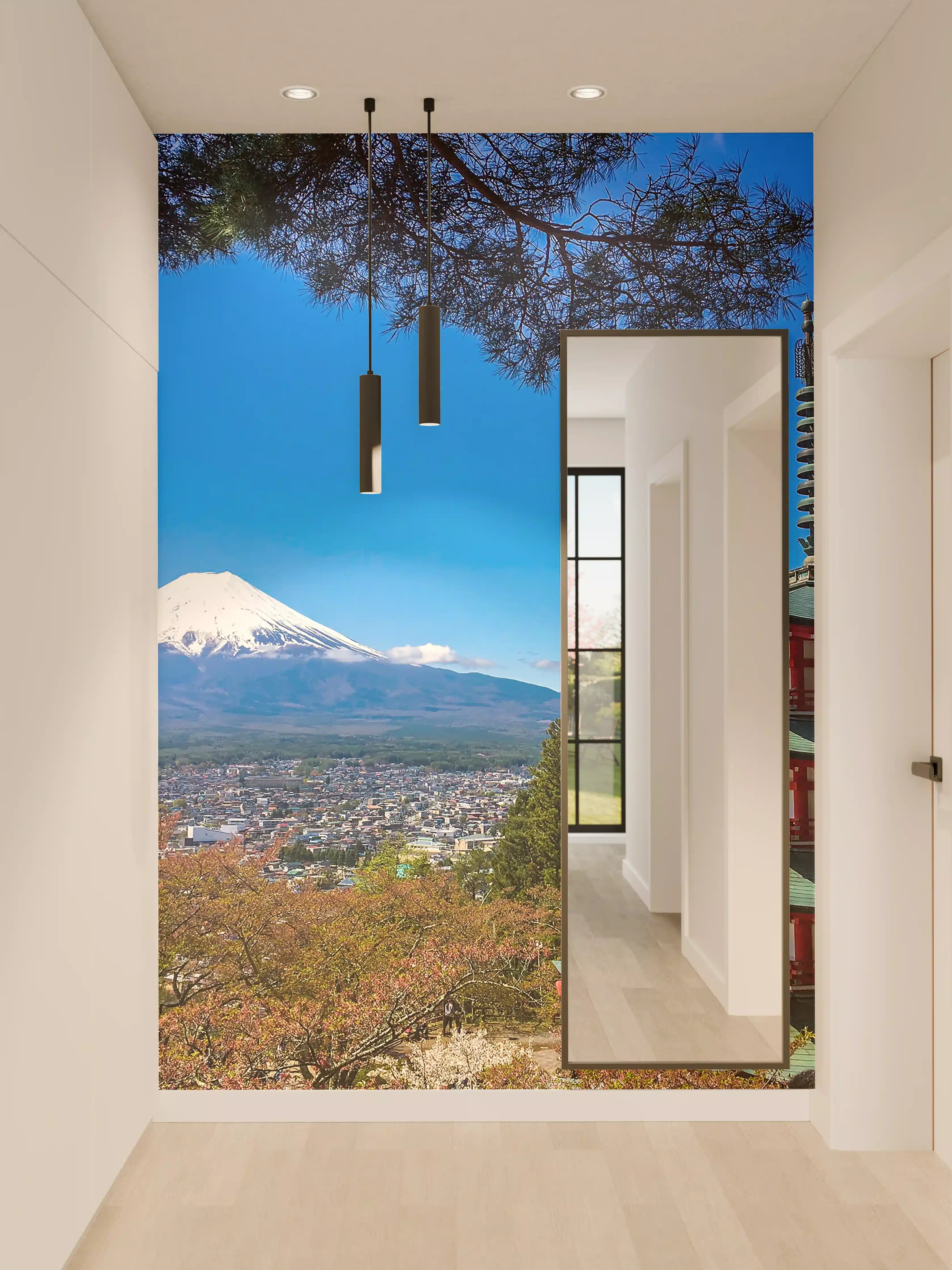 Wandverkleidung Flur - Traditionelles Japan: Mount Fuji und Pagode im Frühling