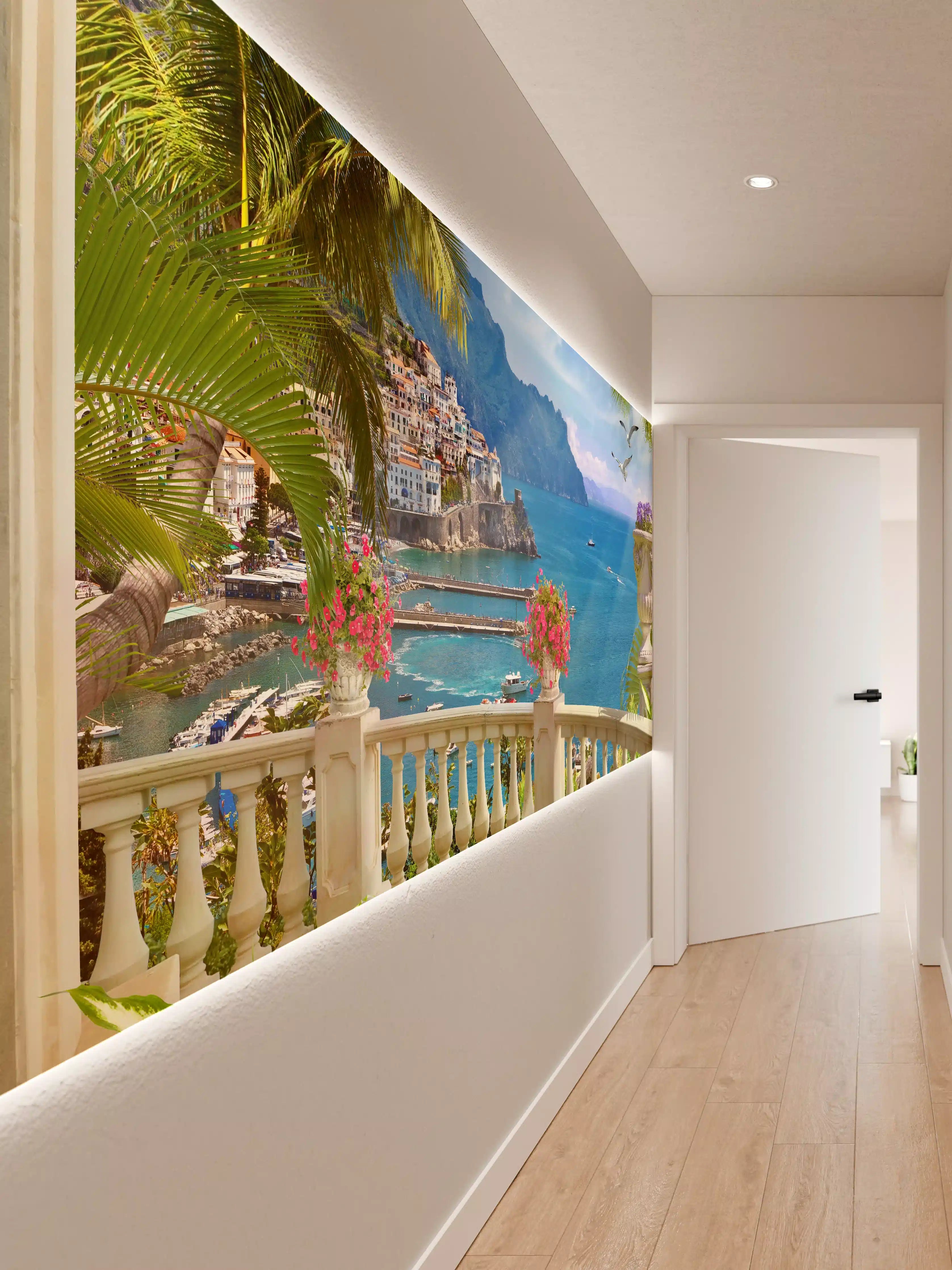 Wandverkleidung Flur - Traumhafte Aussicht auf die Amalfi-Küste mit Palmen und Meer