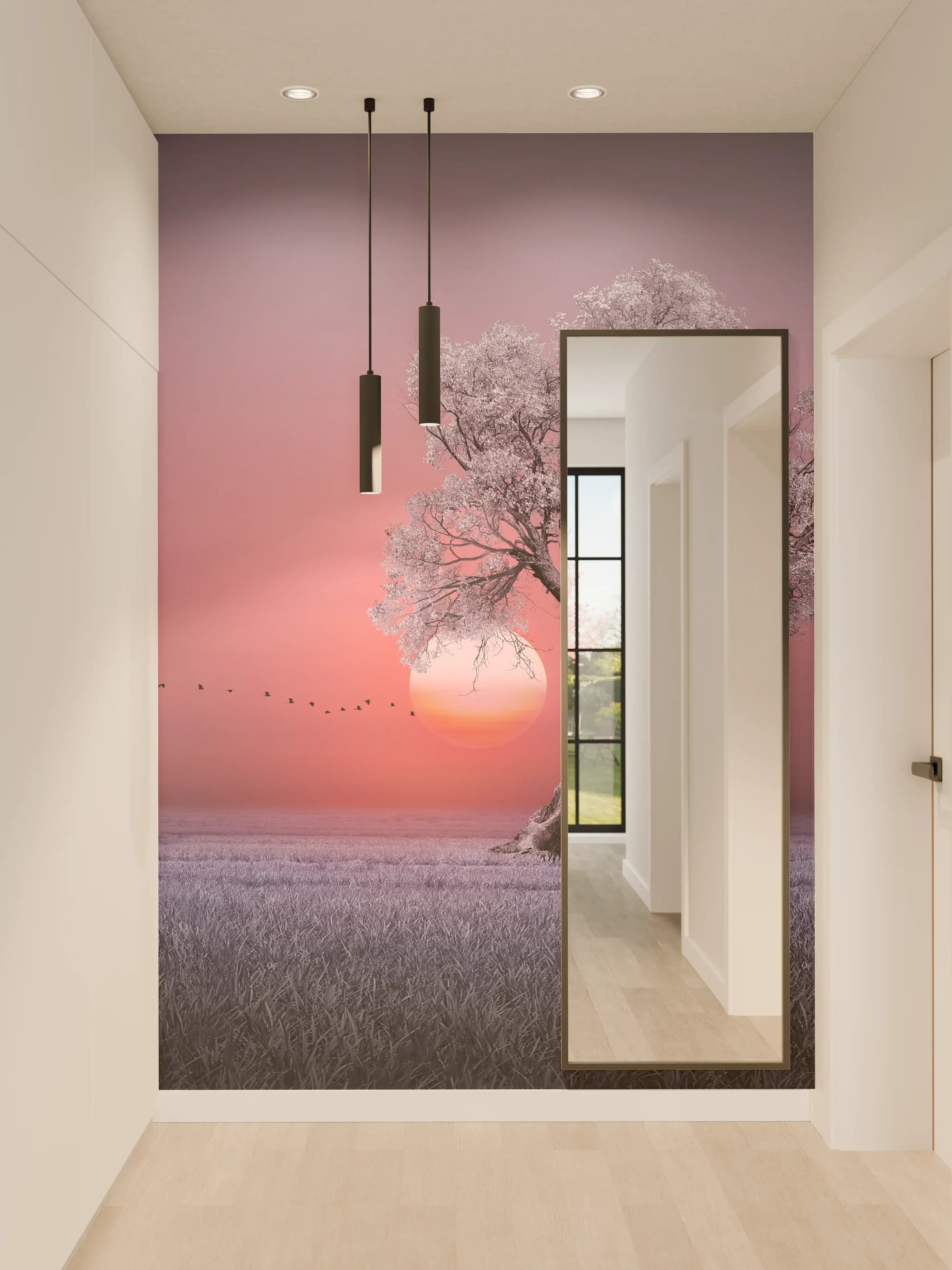Wandverkleidung Flur - Traumhafte Baumszene bei Sonnenuntergang