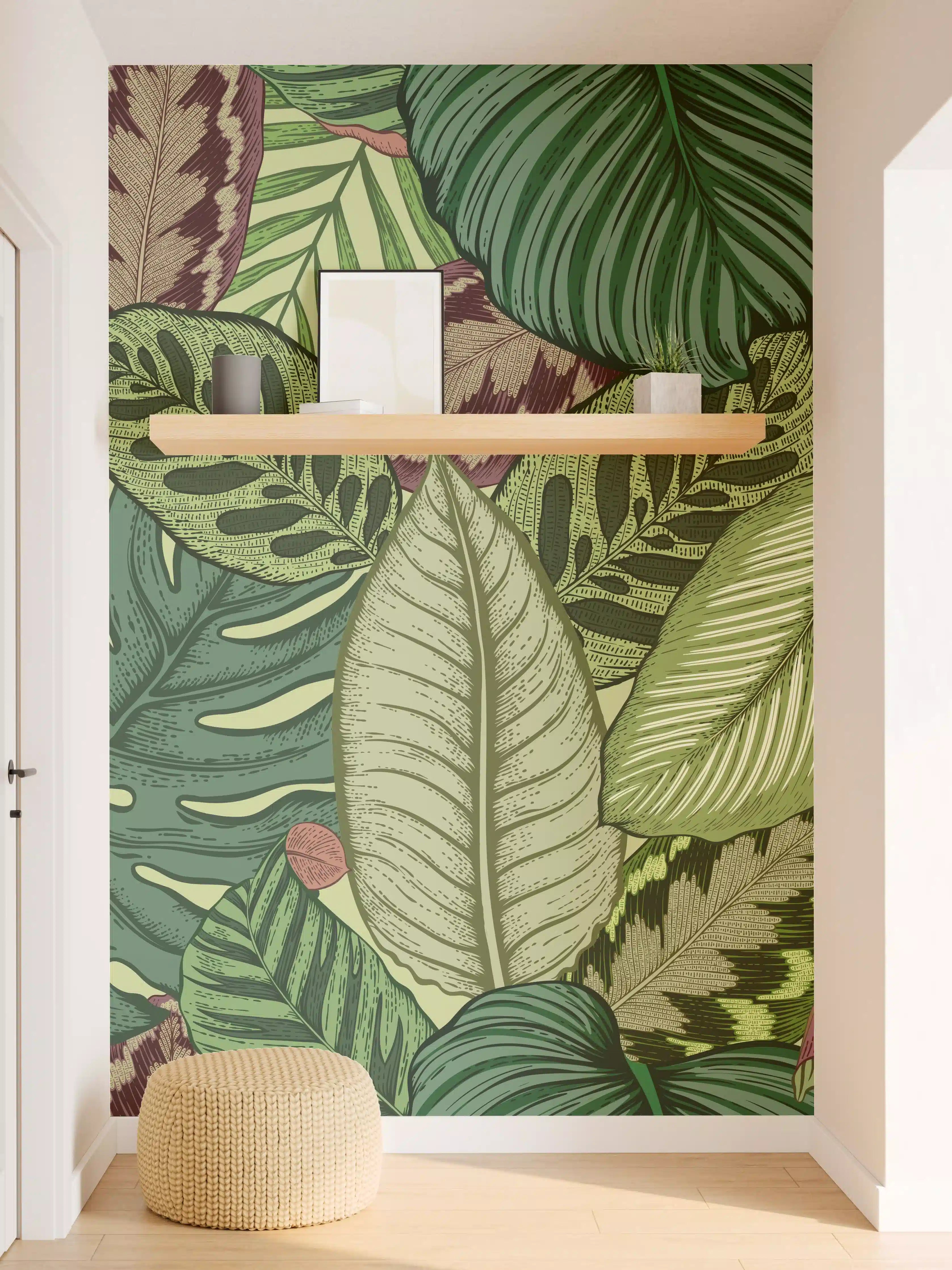 Wandverkleidung Flur - Tropische Blätter Grün-Beige