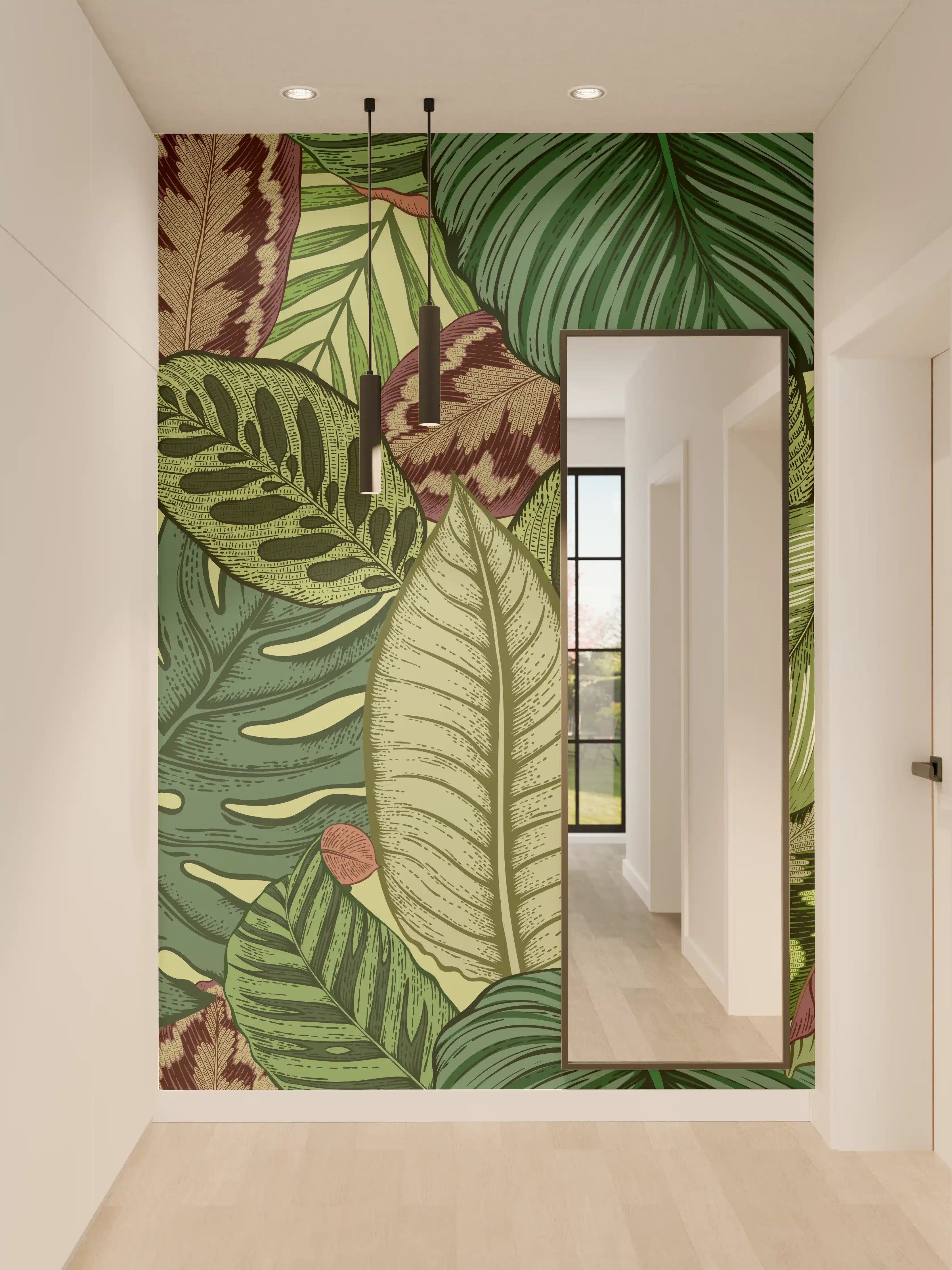 Wandverkleidung Flur - Tropische Blätter Grün-Beige