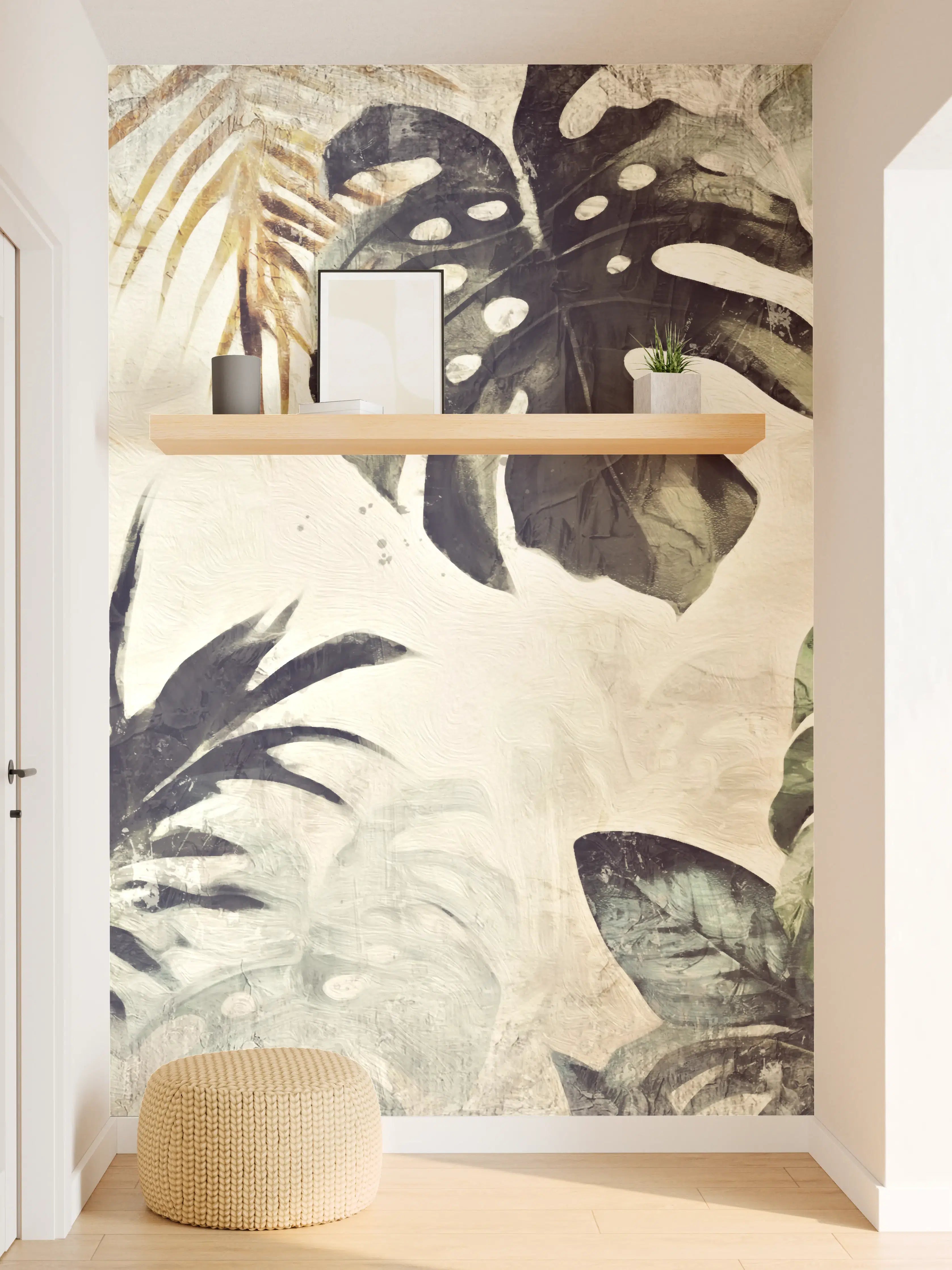 Wandverkleidung Flur - Tropische Blätter in Grün und Braun