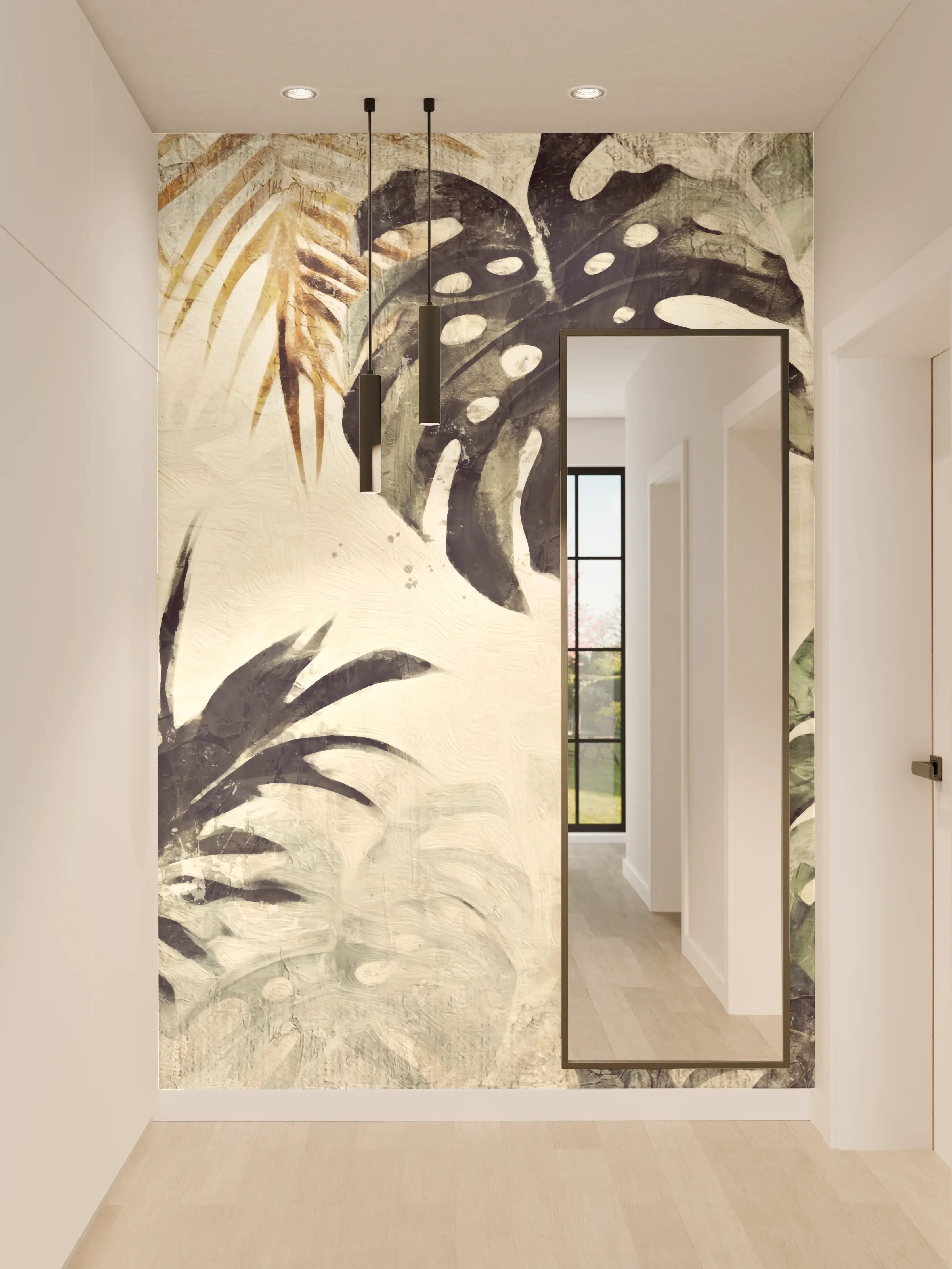 Wandverkleidung Flur - Tropische Blätter in Grün und Braun