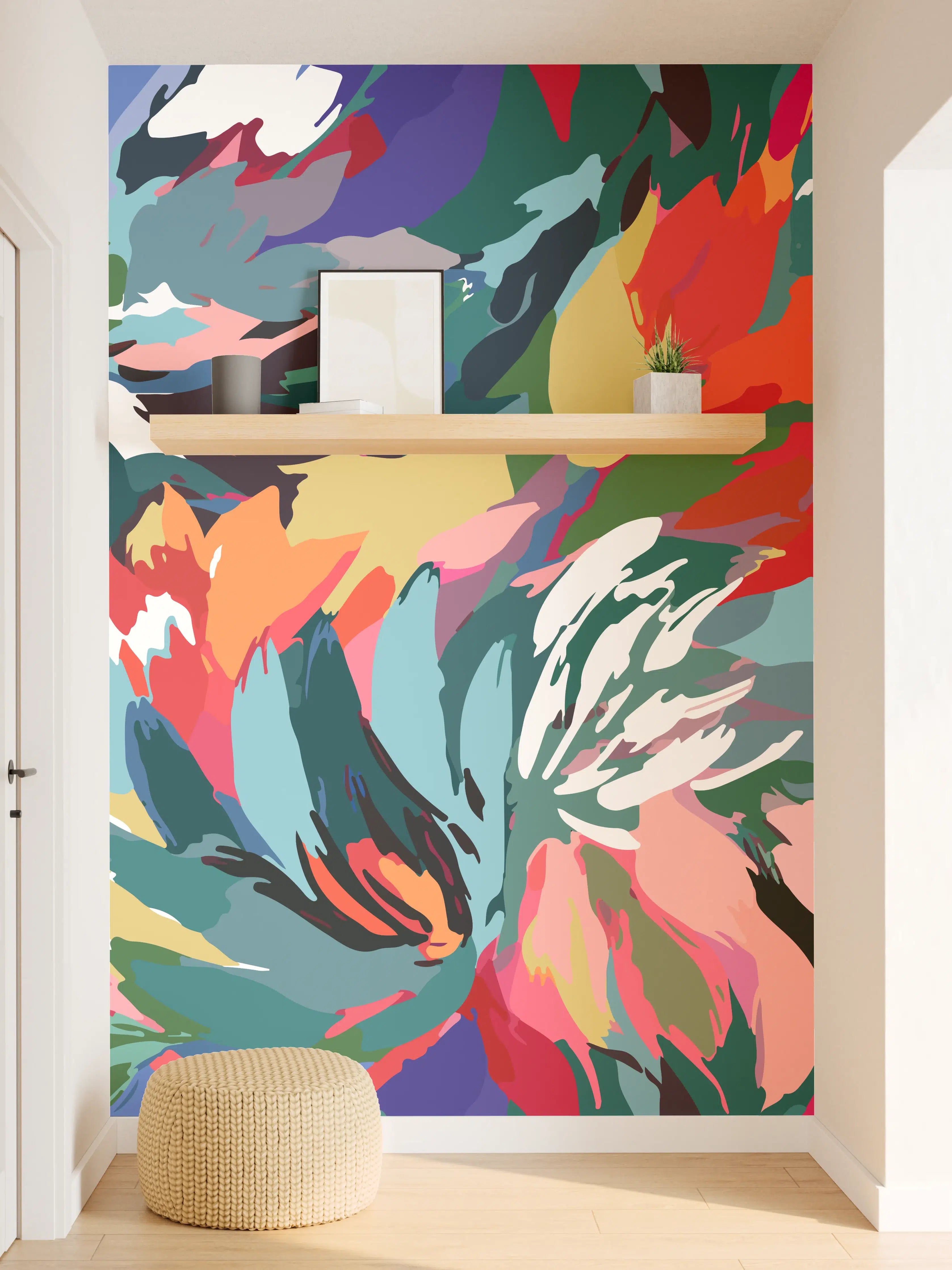 Wandverkleidung Flur - Tropische Blüten-Explosion Türkis-Rot