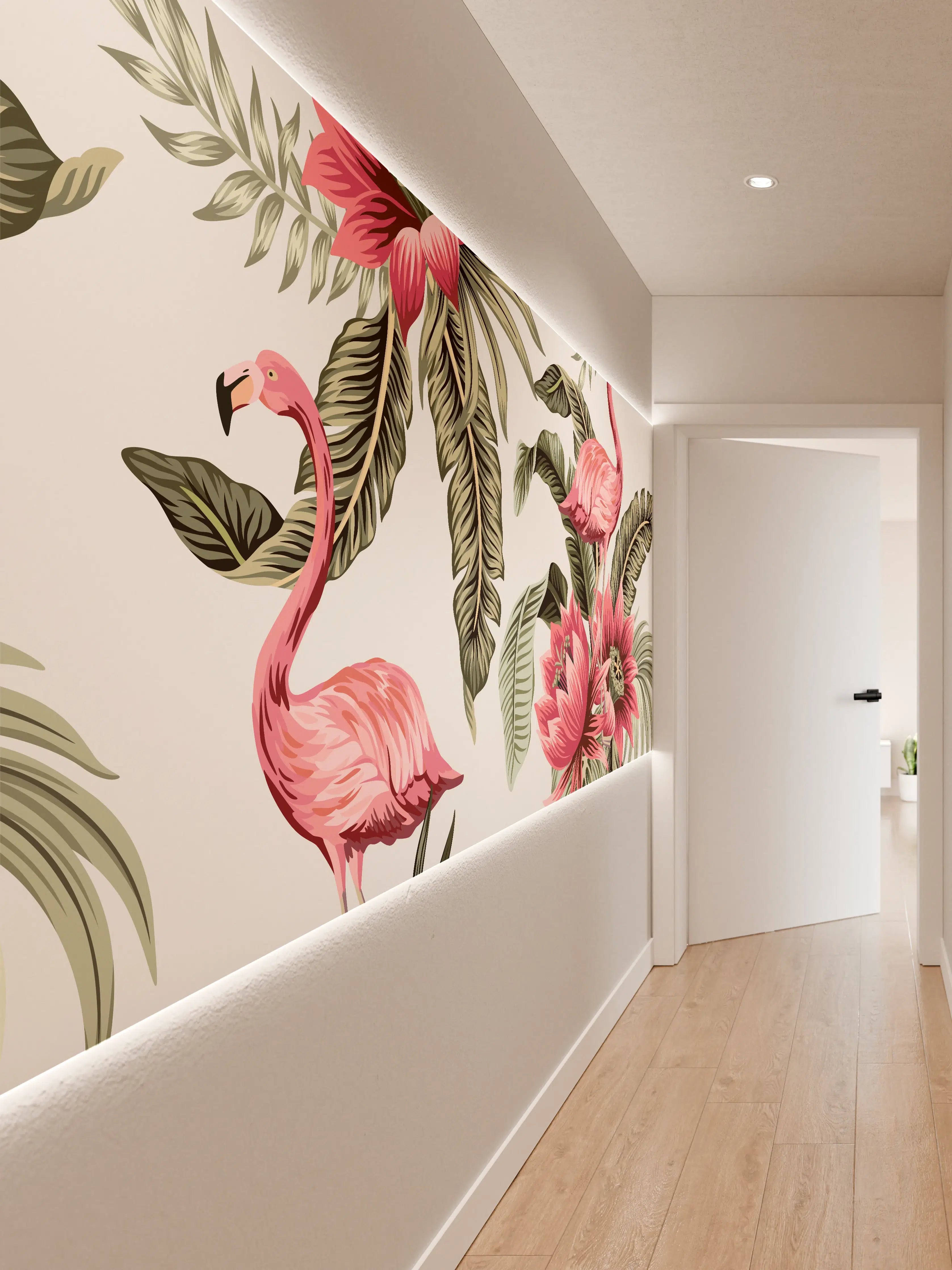 Wandverkleidung Flur - Tropischer Flamingo-Blumen-Print