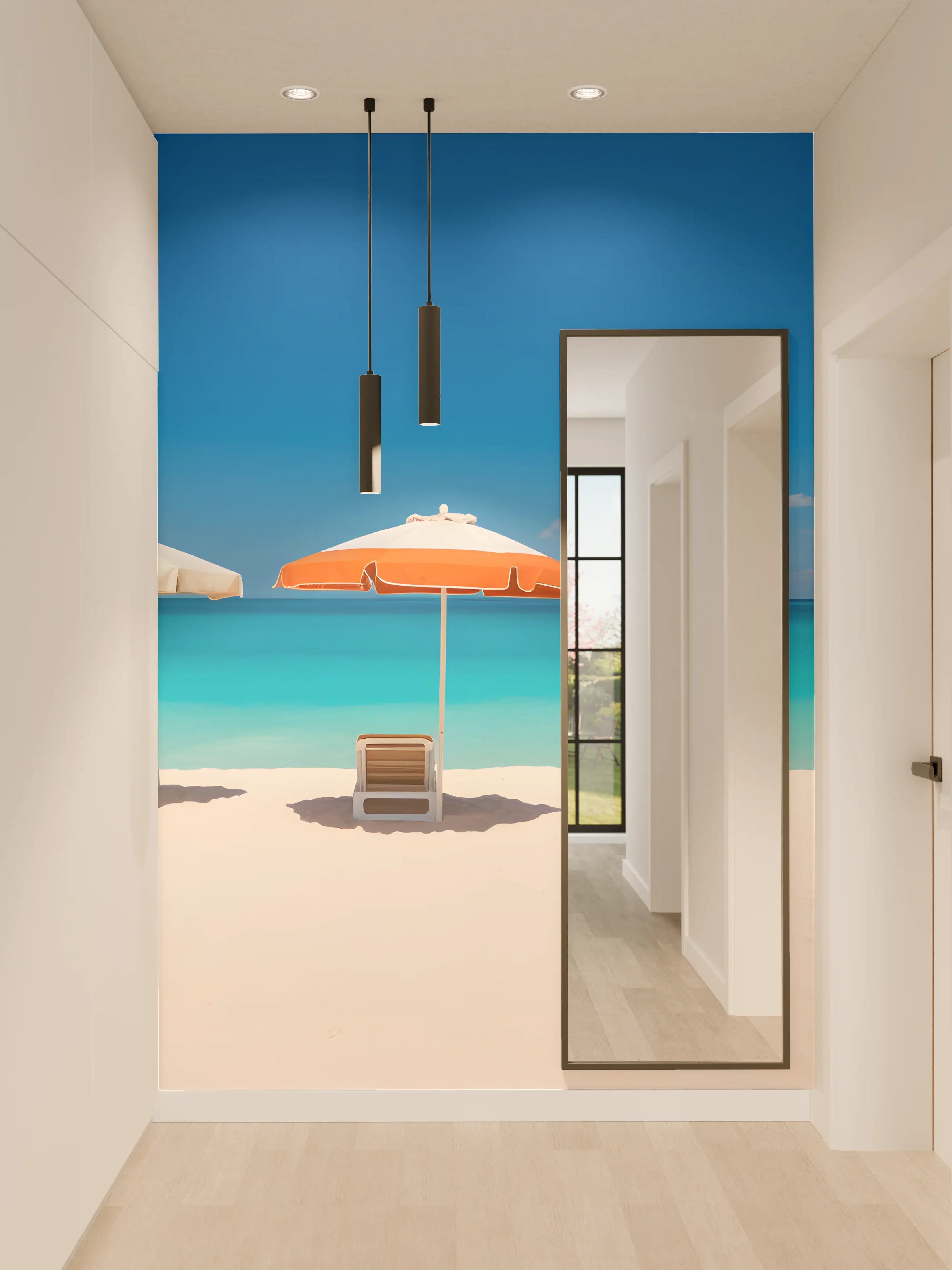 Wandverkleidung Flur - Tropischer Strand mit Sonnenschirmen