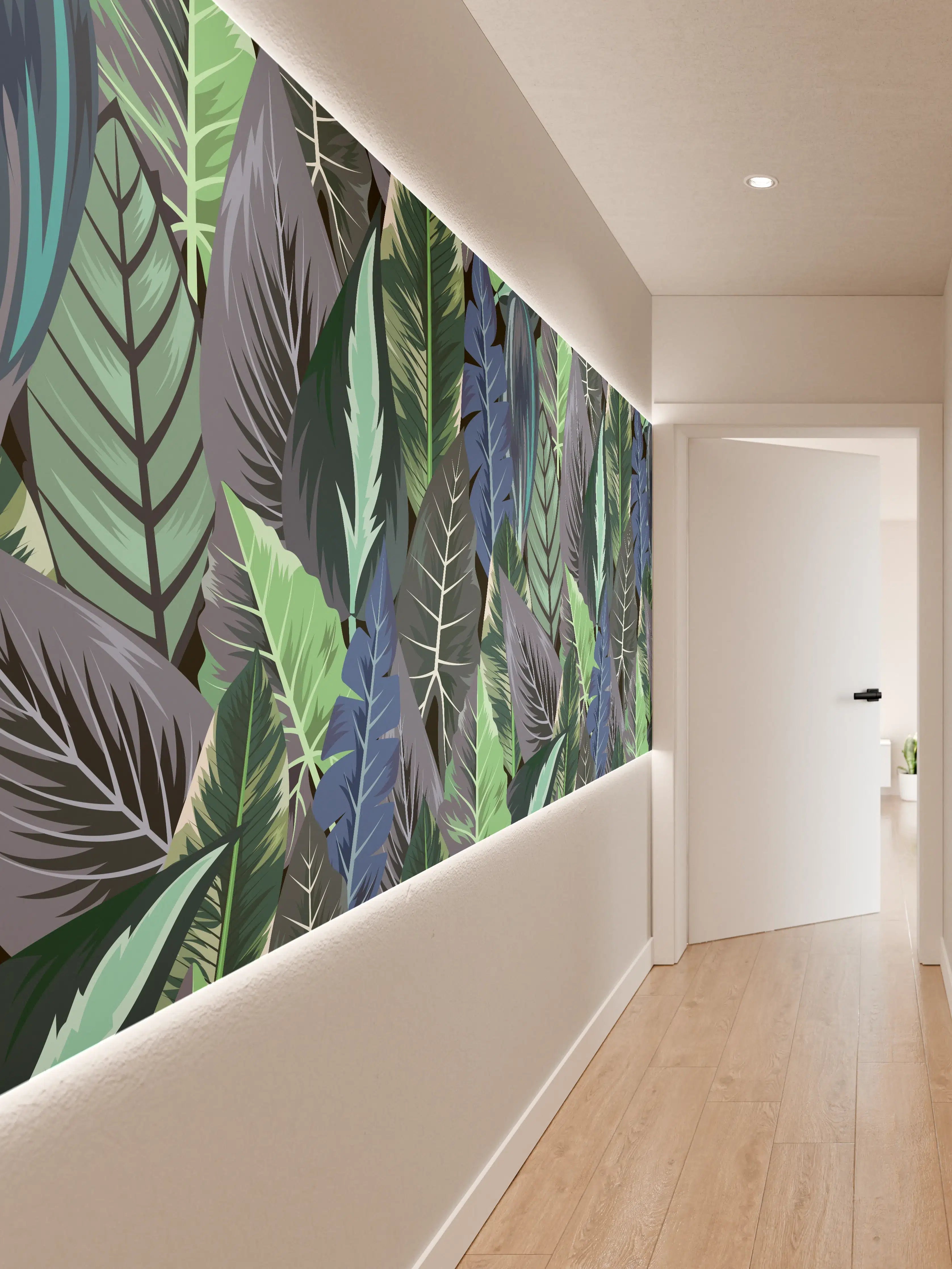 Wandverkleidung Flur - Tropisches Blatt-Labyrinth Grün-Blau