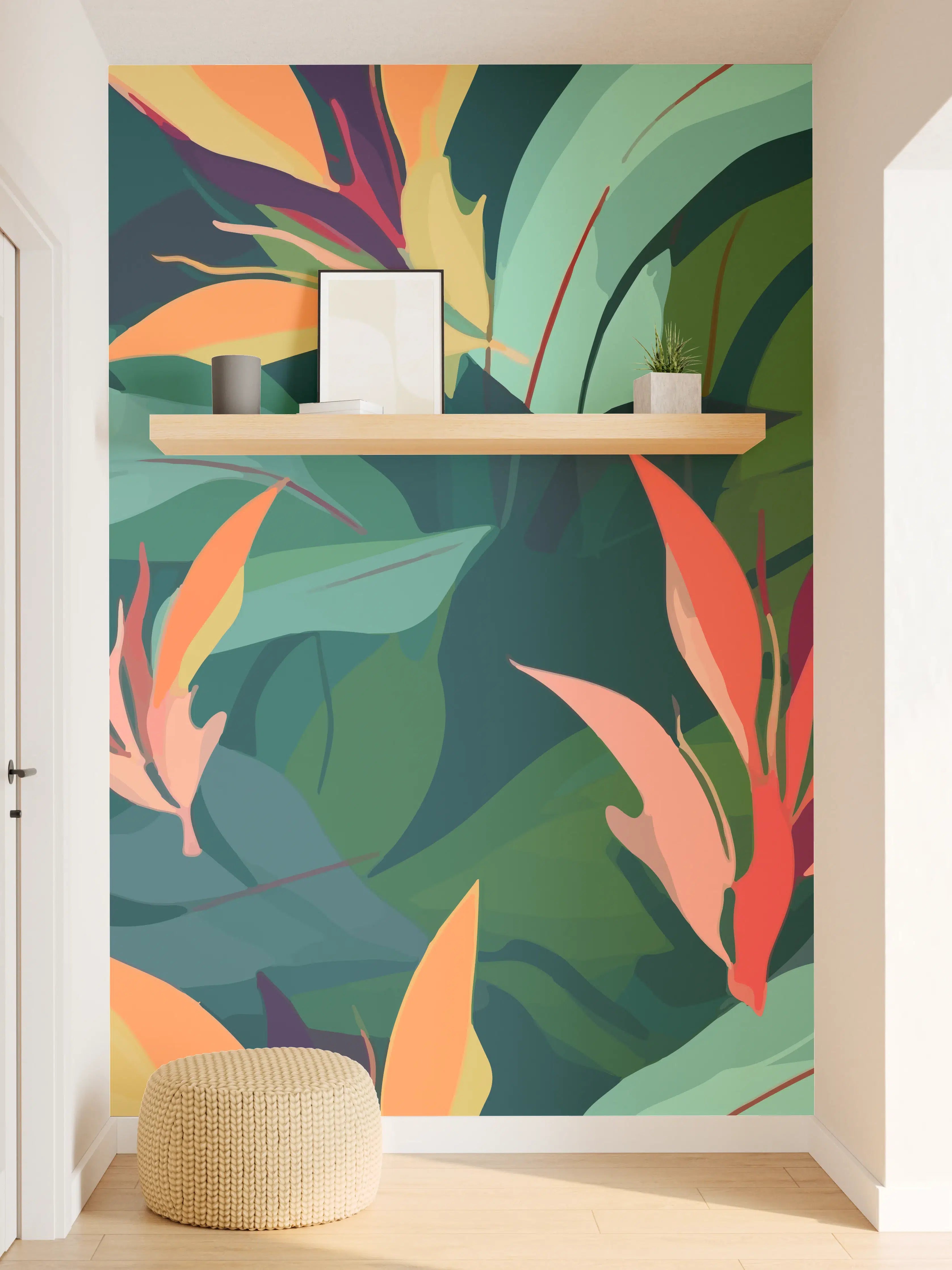 Wandverkleidung Flur - Tropisches Blütenblattmuster Grün-Türkis