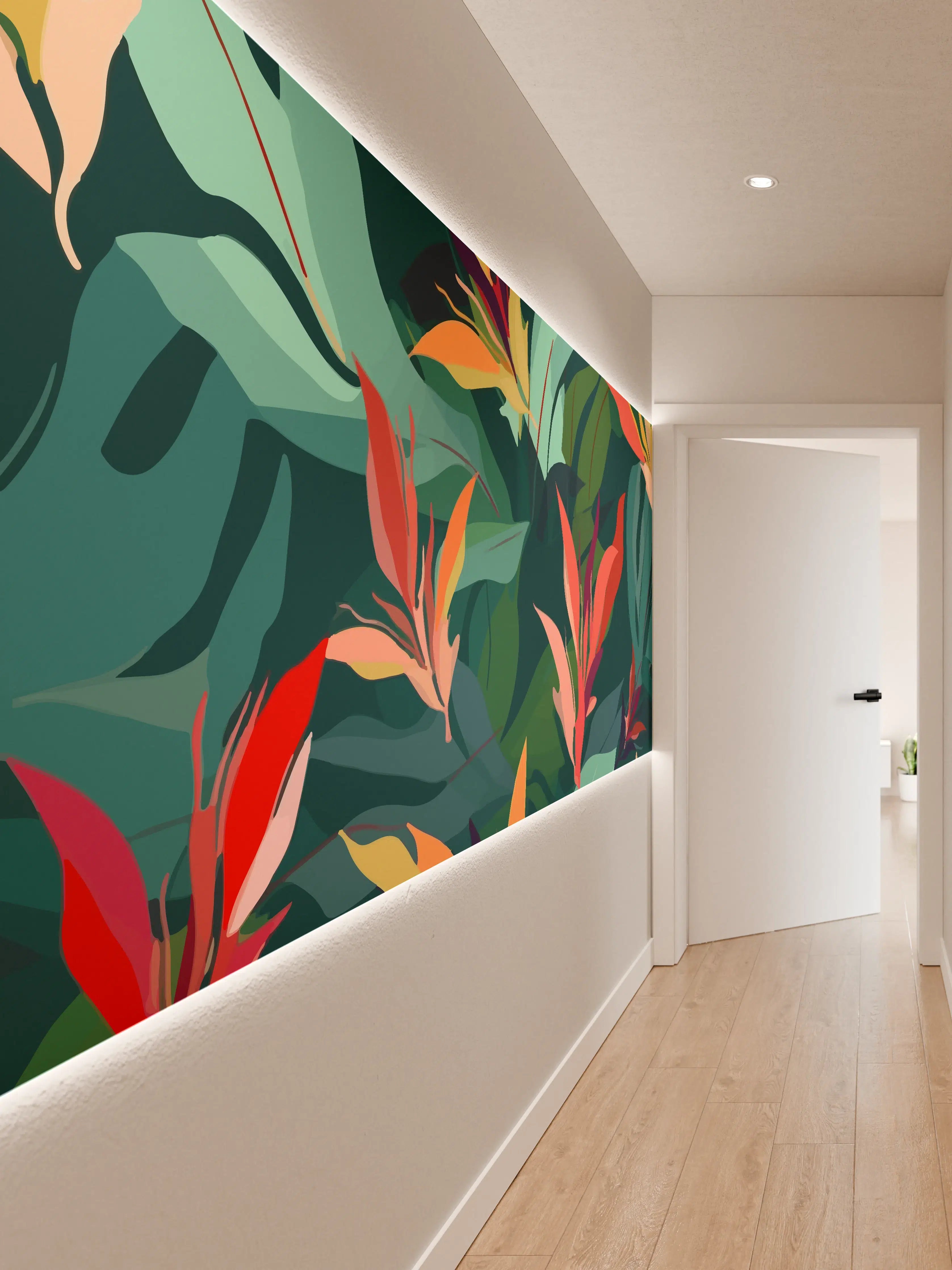 Wandverkleidung Flur - Tropisches Blütenblattmuster Grün-Türkis