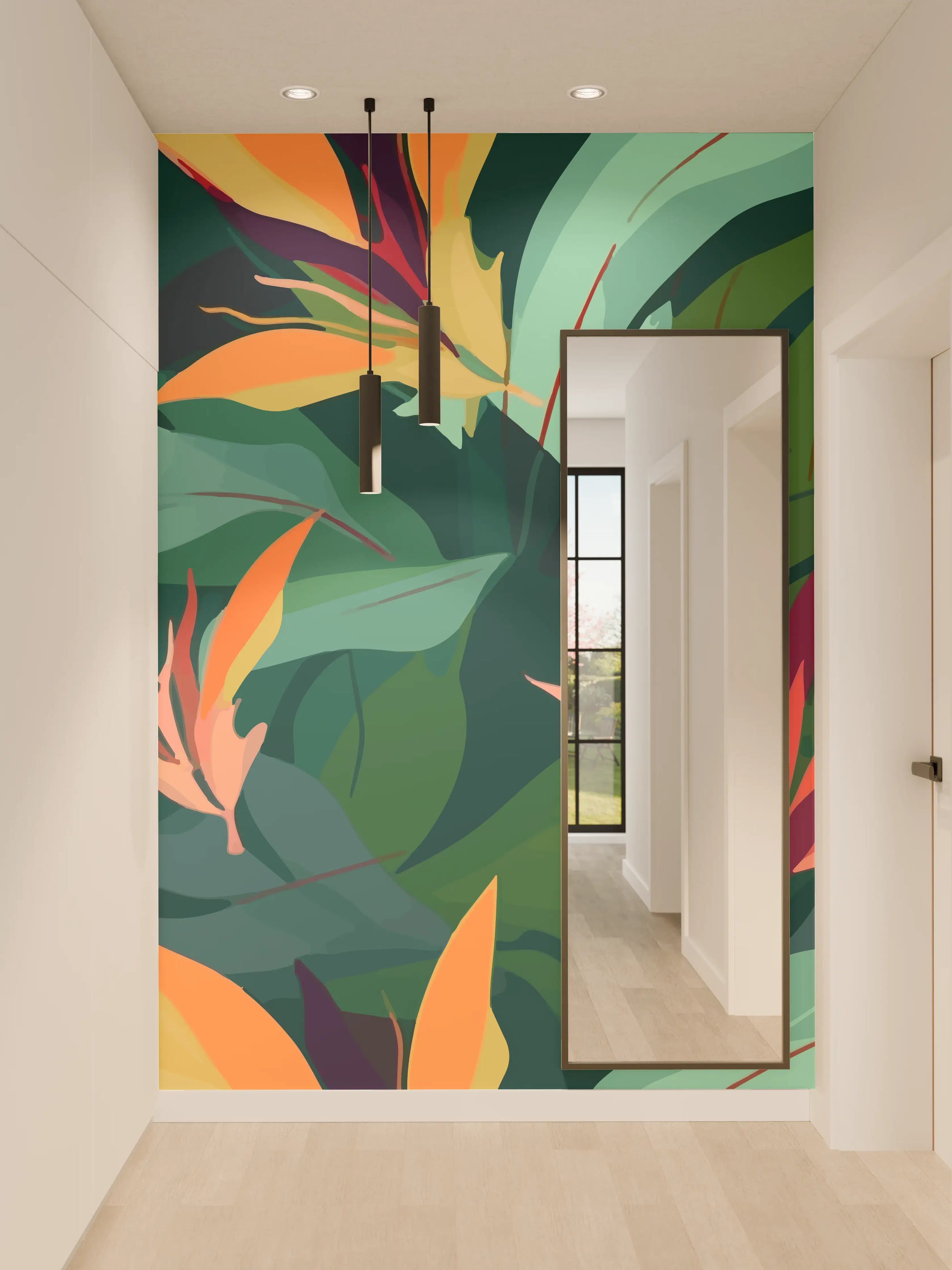 Wandverkleidung Flur - Tropisches Blütenblattmuster Grün-Türkis