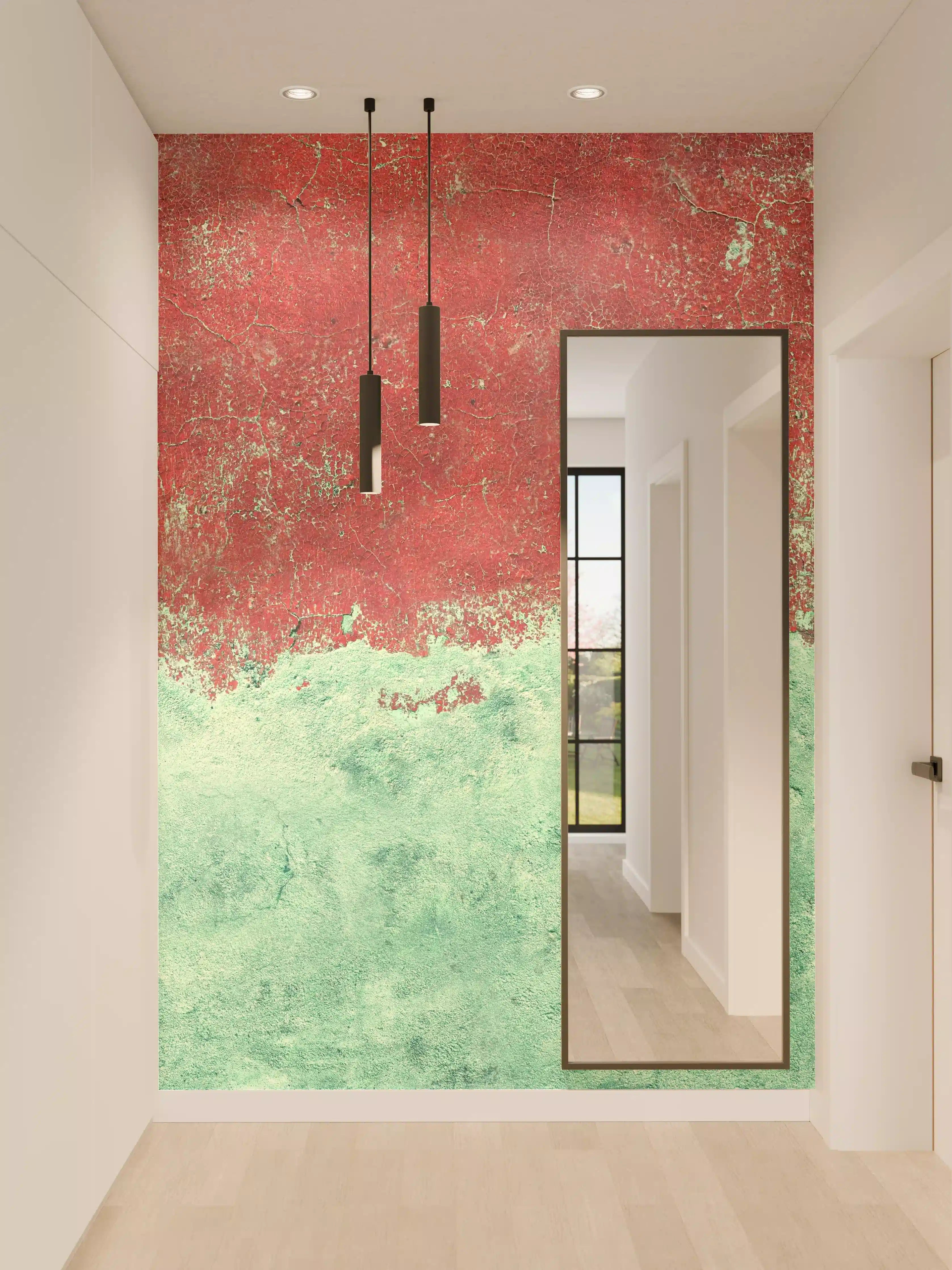 Wandverkleidung Flur - Türkis-rote Wand im Grunge-Stil