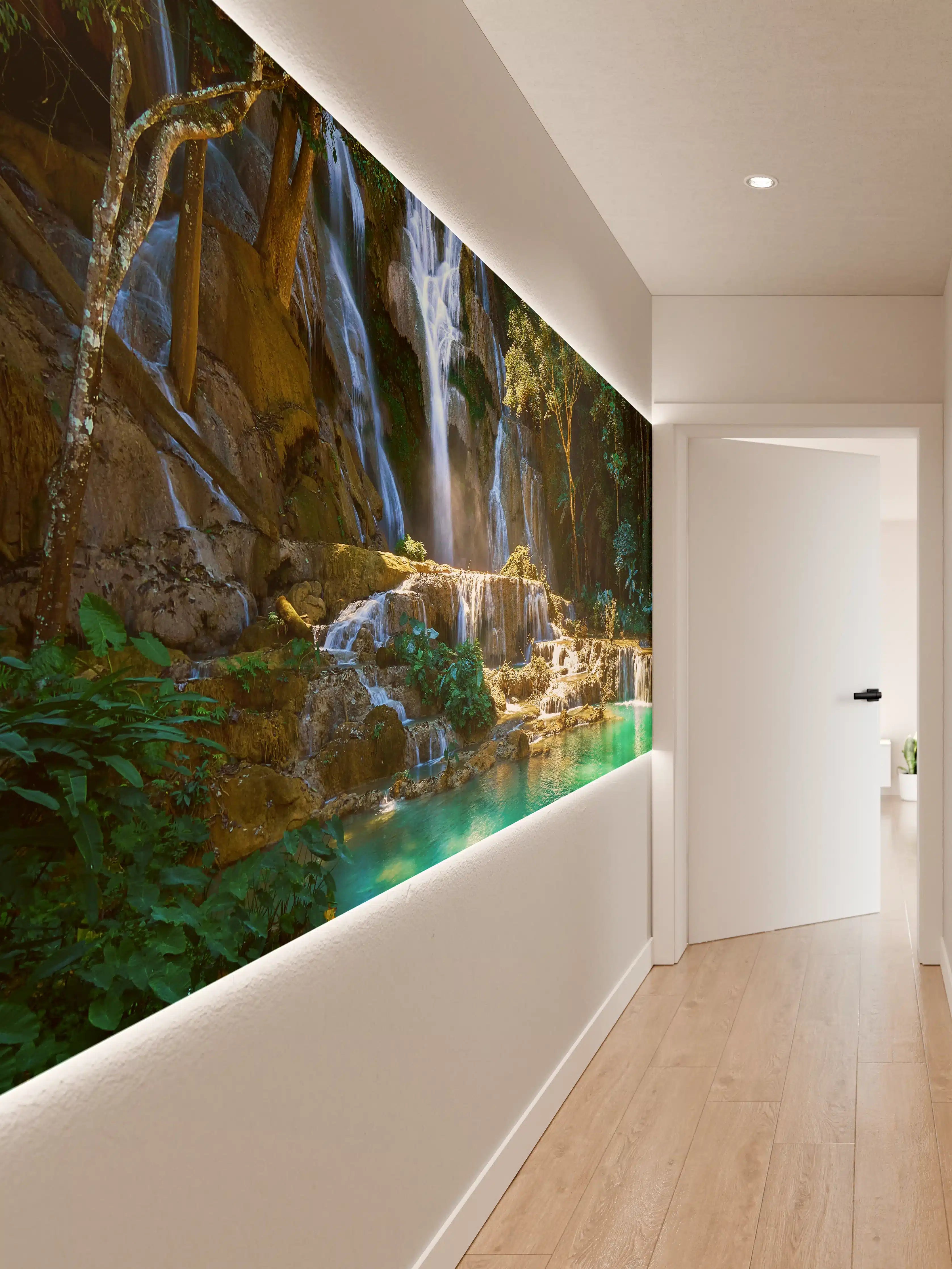 Wandverkleidung Flur - Verführerischer Wasserfall im tropischen Dschungel