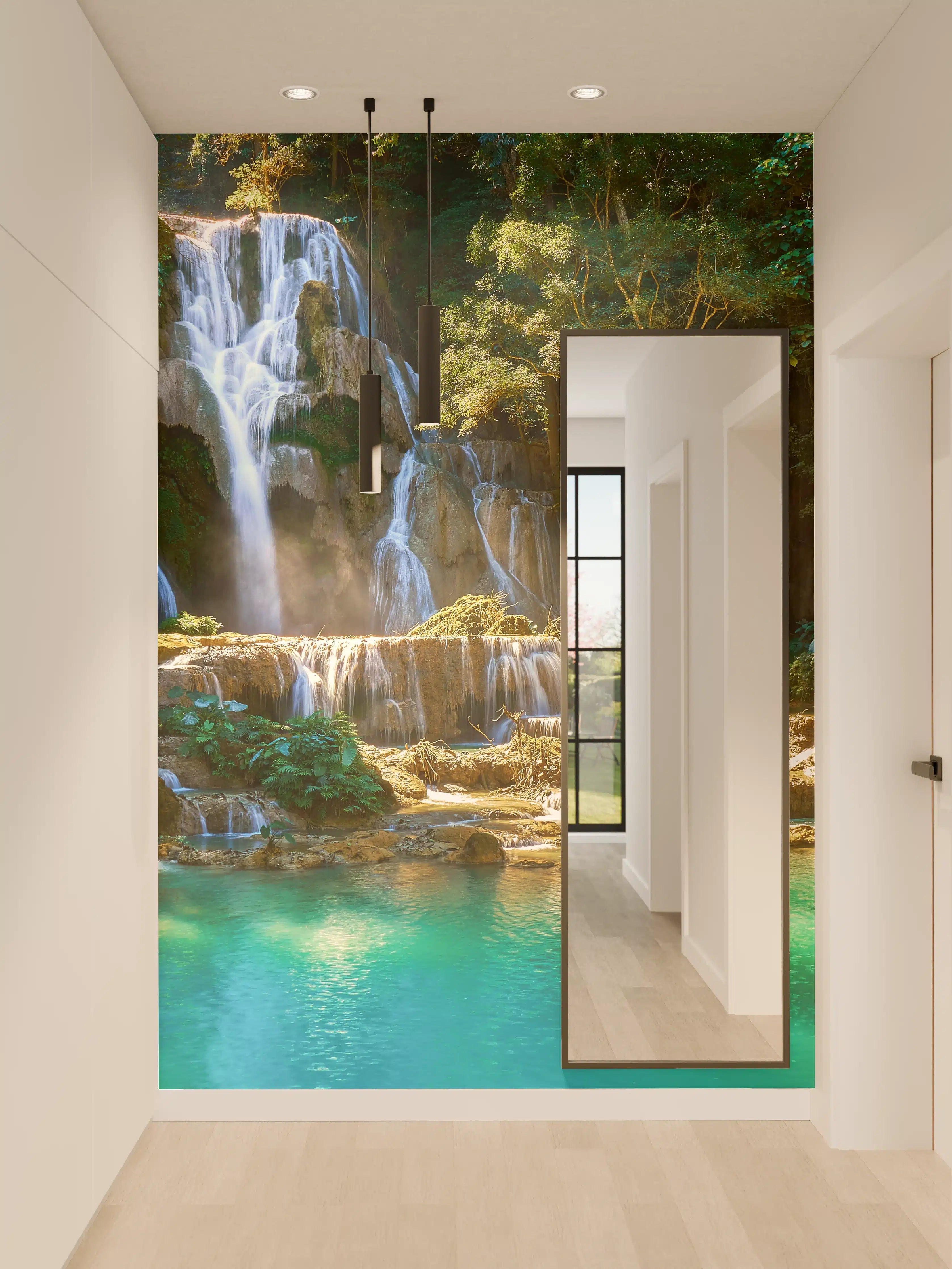 Wandverkleidung Flur - Verführerischer Wasserfall im tropischen Dschungel