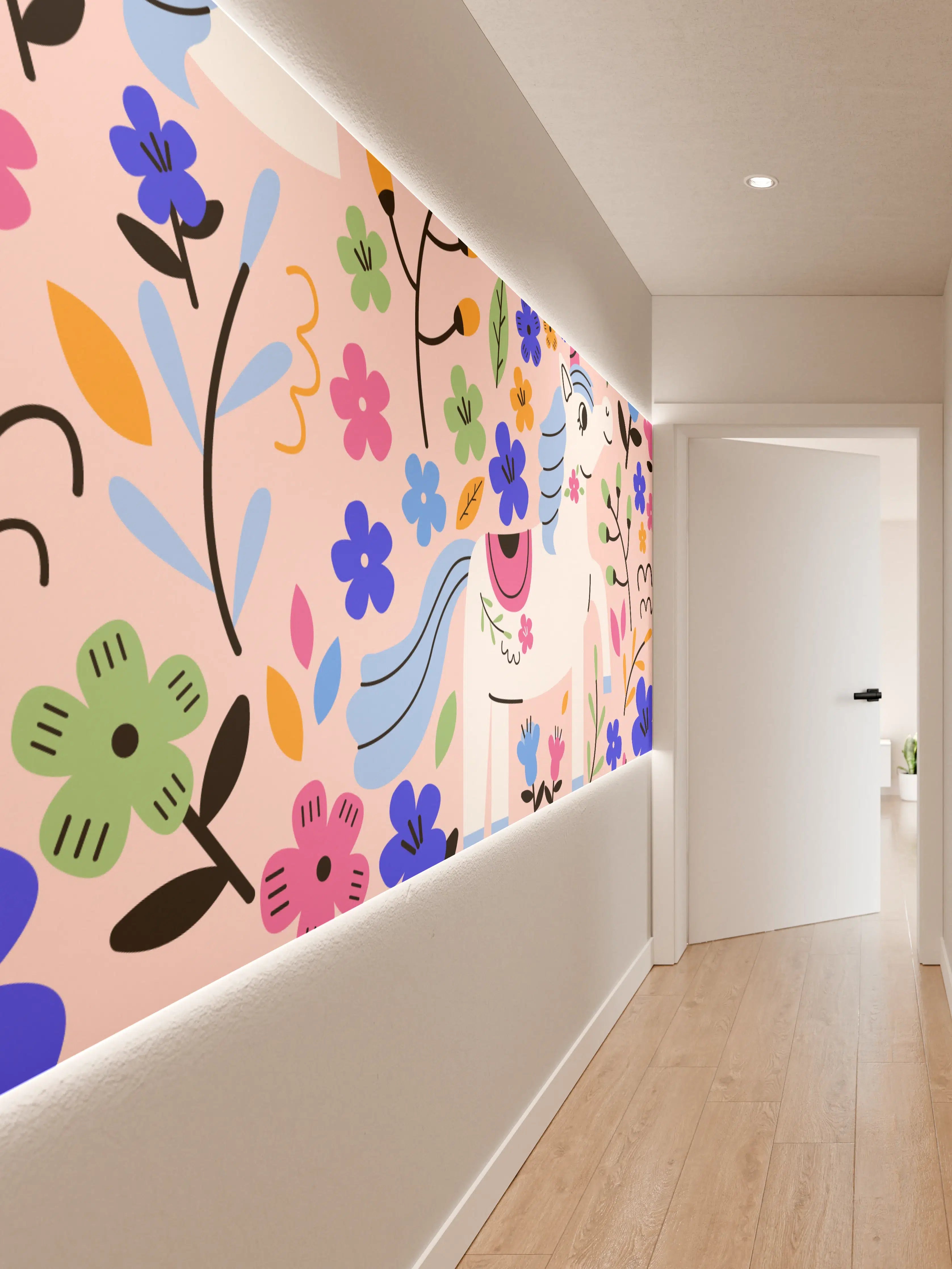 Wandverkleidung Flur - Verspieltes Einhorn mit bunten Blumen