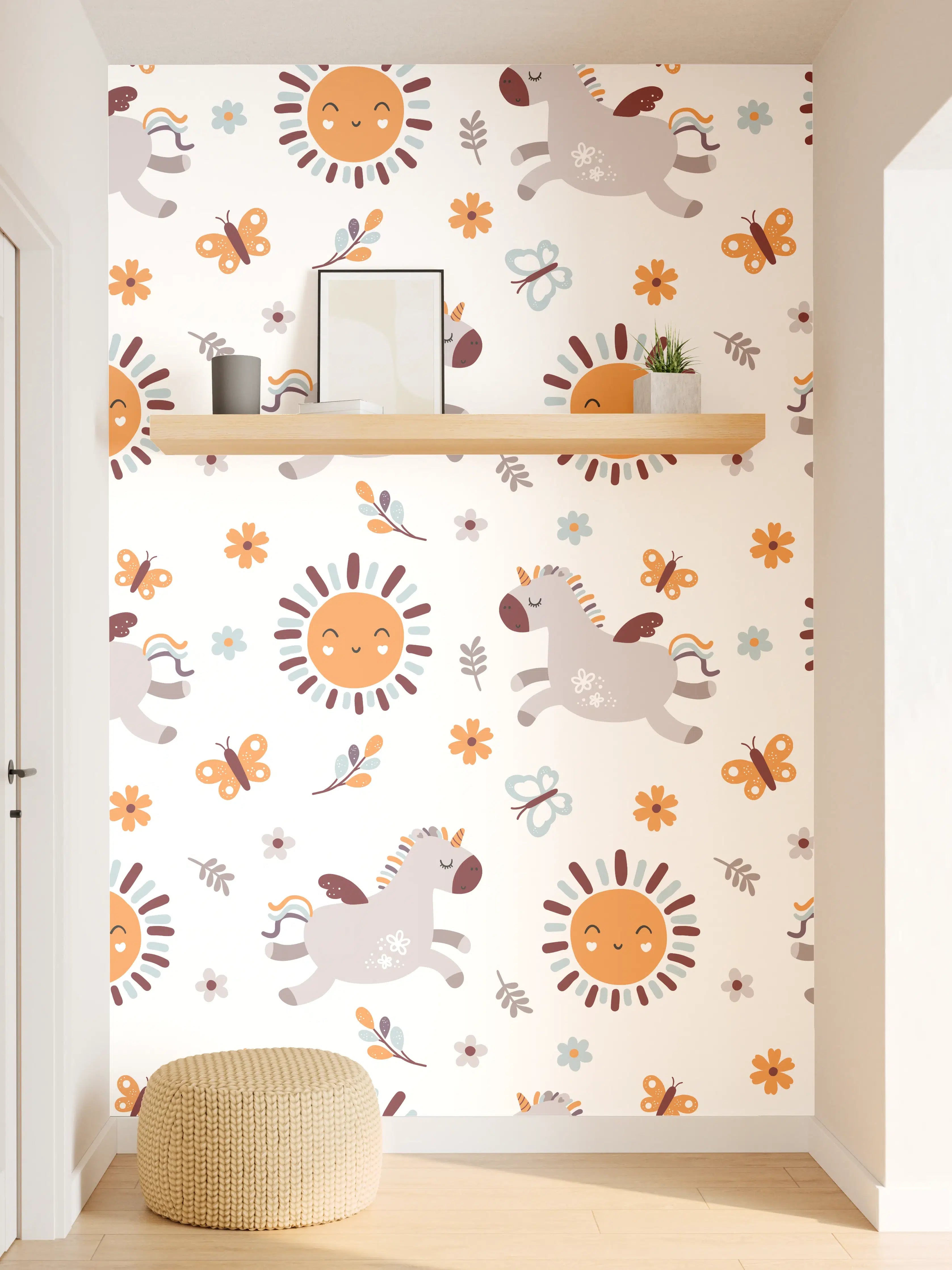Wandverkleidung Flur - Verspieltes Kinderwagen-Motiv mit Sonnen, Drachen und Blumen