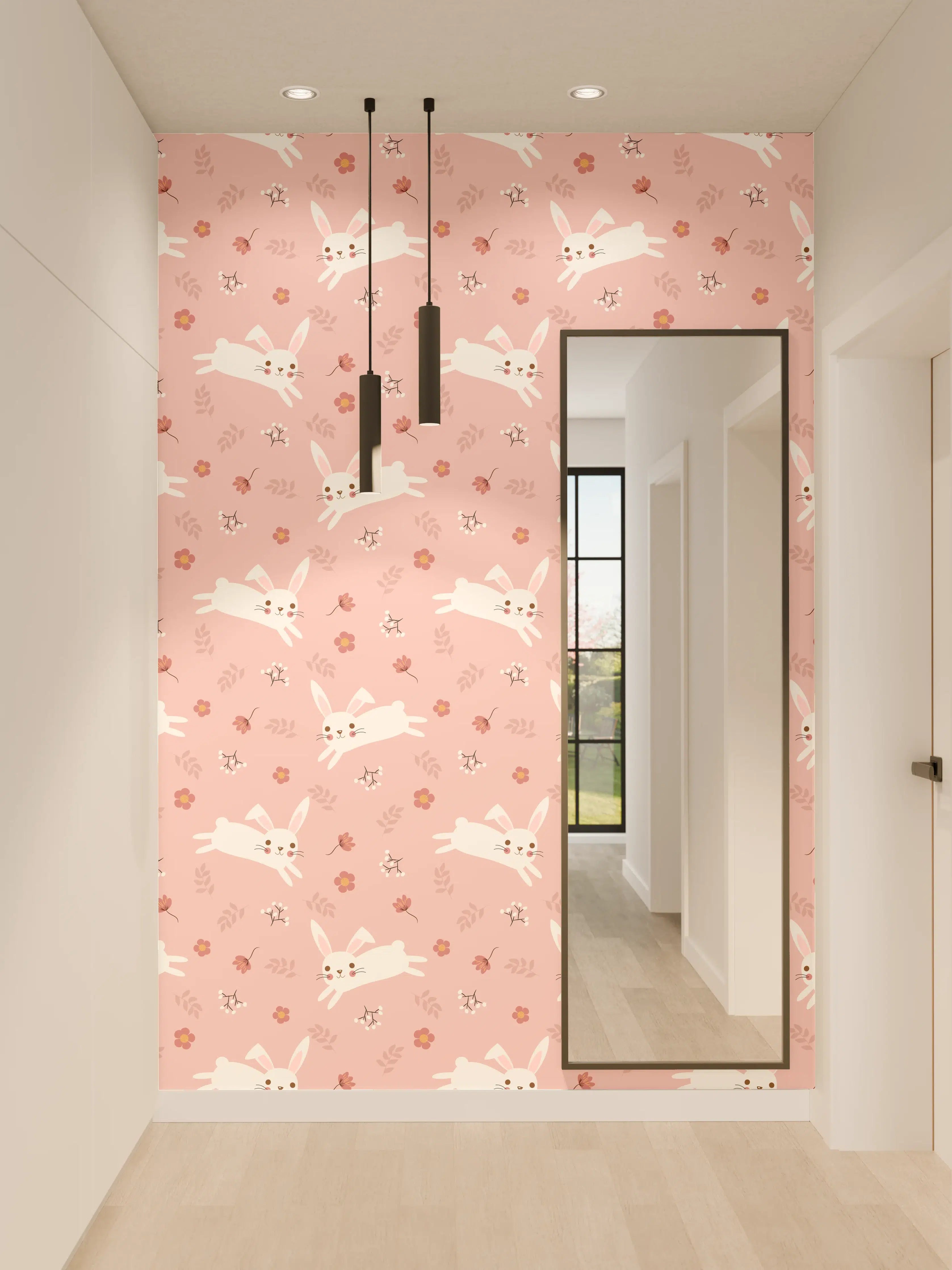 Wandverkleidung Flur - Verspieltes Muster mit kleinen weiß-rosa Hunden