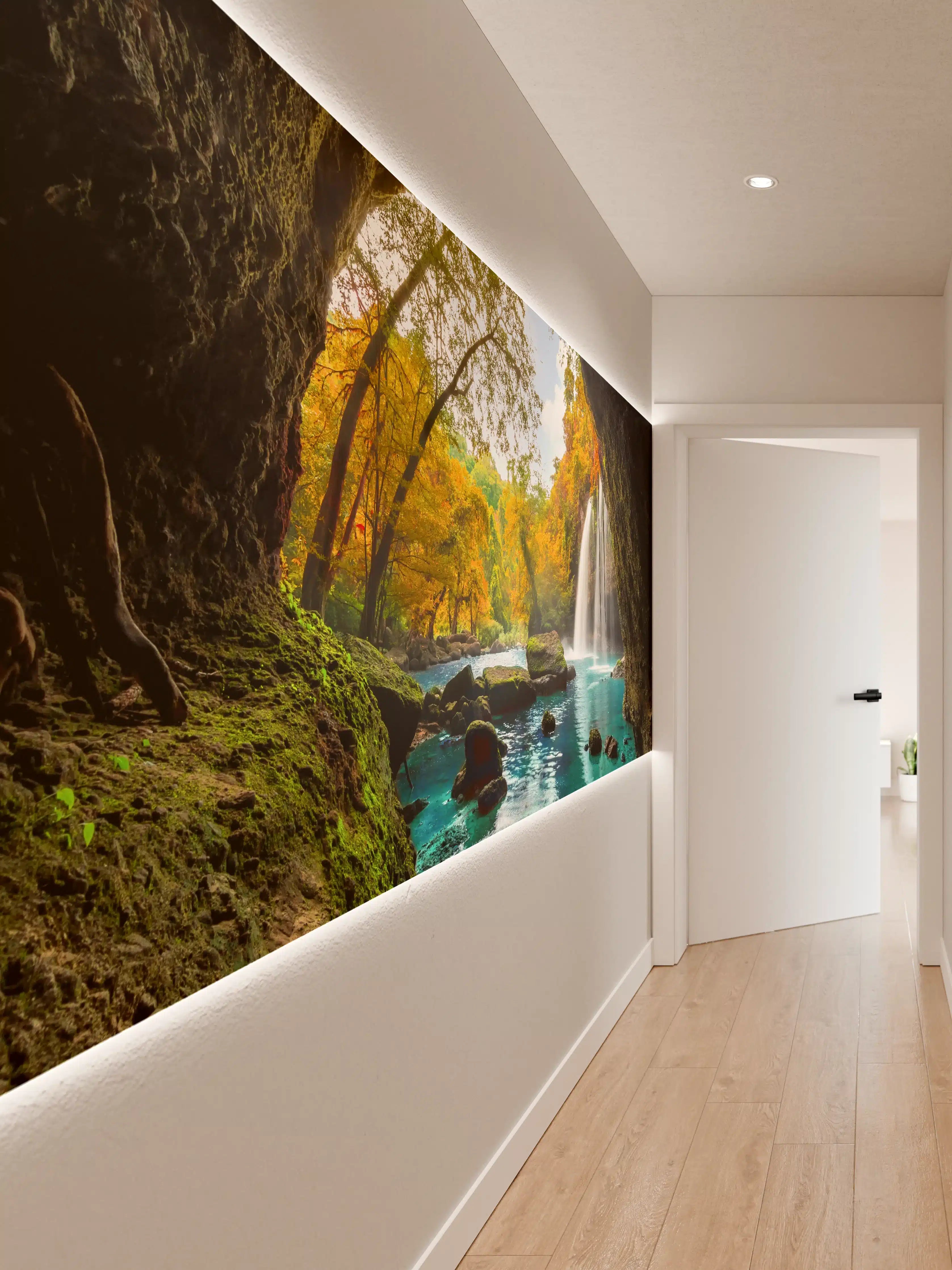 Wandverkleidung Flur - Versteckte Wasserfall-Grotte inmitten des Herbstwaldes