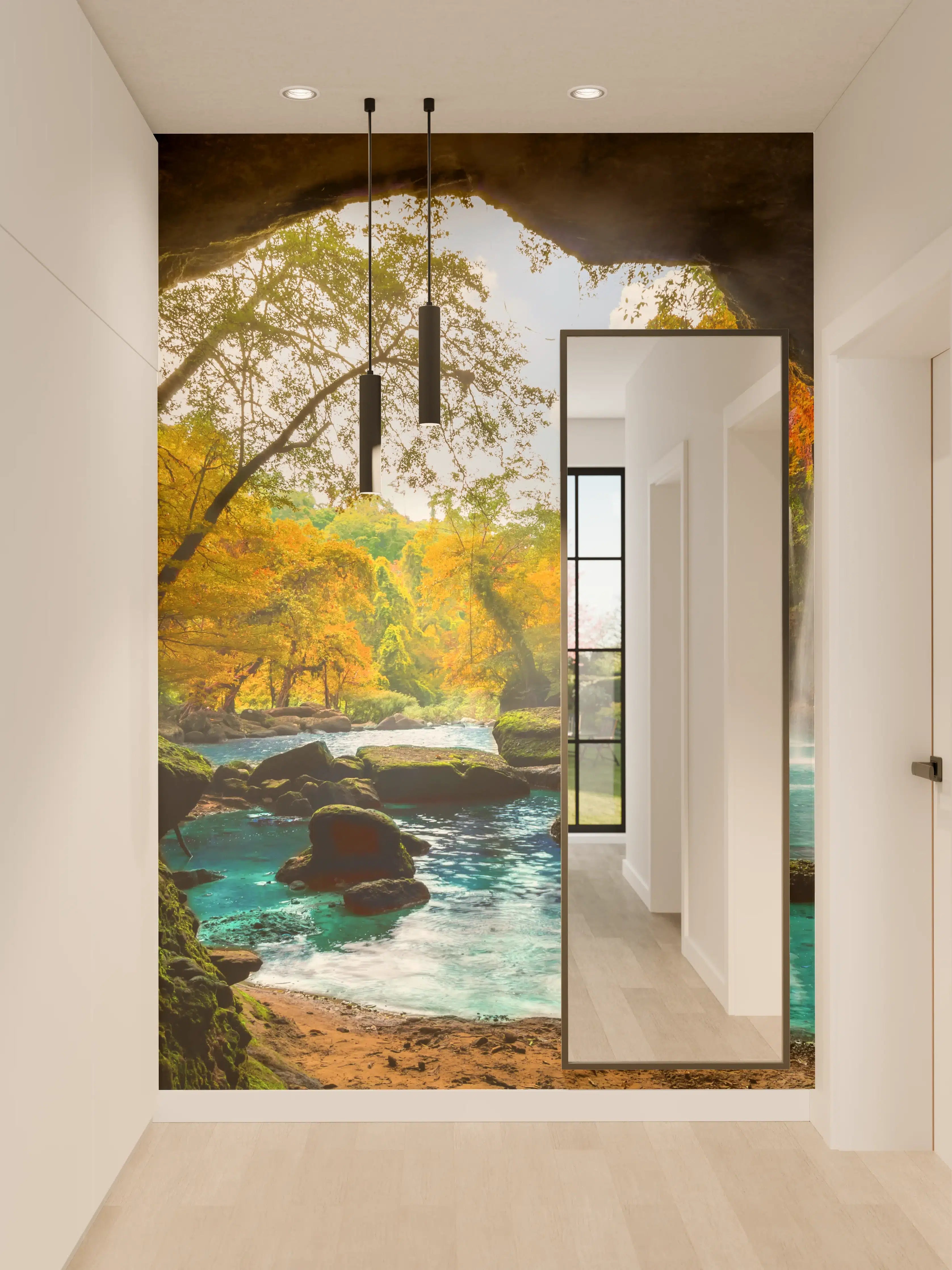 Wandverkleidung Flur - Versteckte Wasserfall-Grotte inmitten des Herbstwaldes