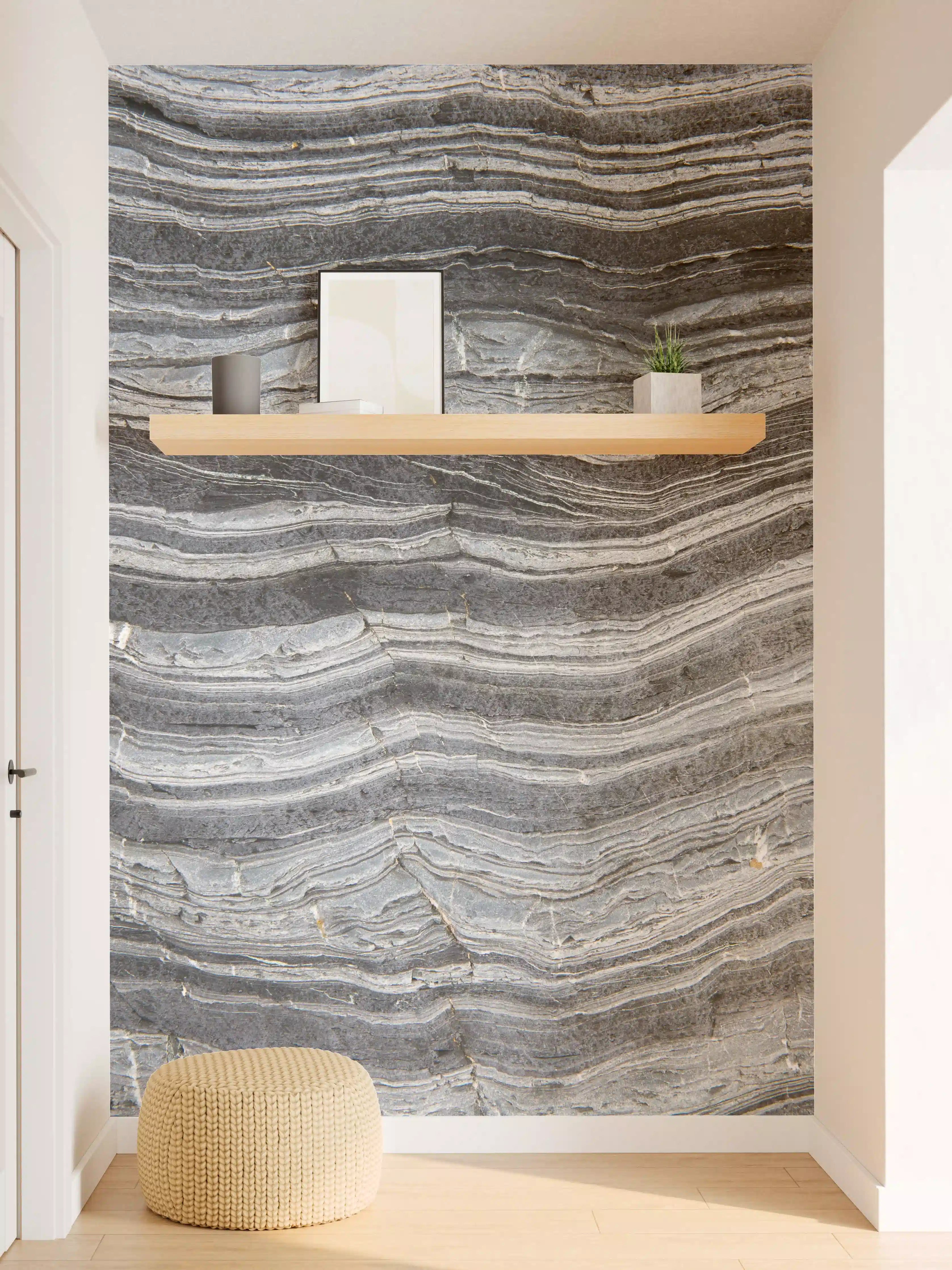 Wandverkleidung Flur - Versteinerte Sedimentschichten in Grau