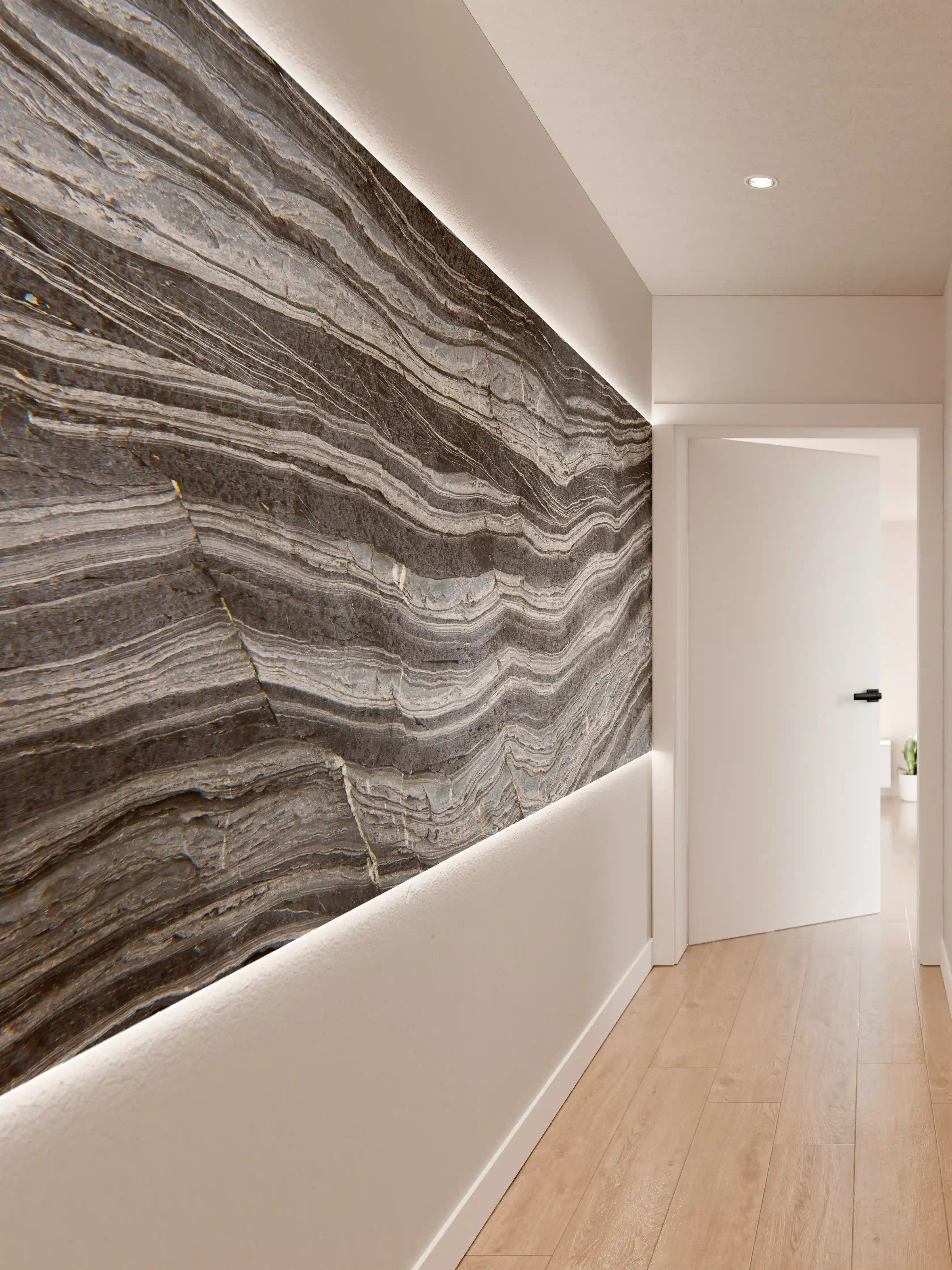 Wandverkleidung Flur - Versteinerte Sedimentschichten in Grau