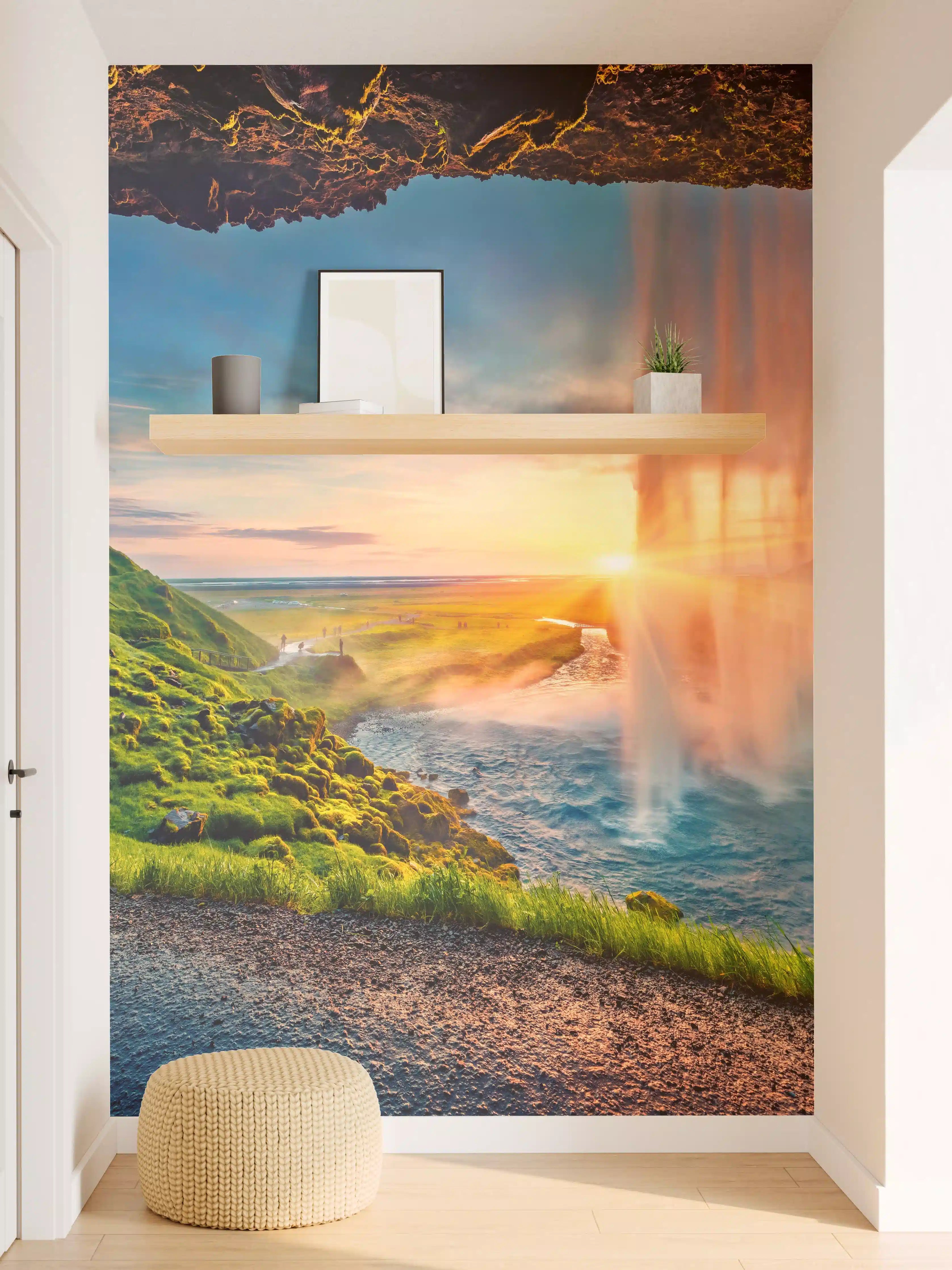 Wandverkleidung Flur - Verzaubernder Wasserfall bei Sonnenuntergang
