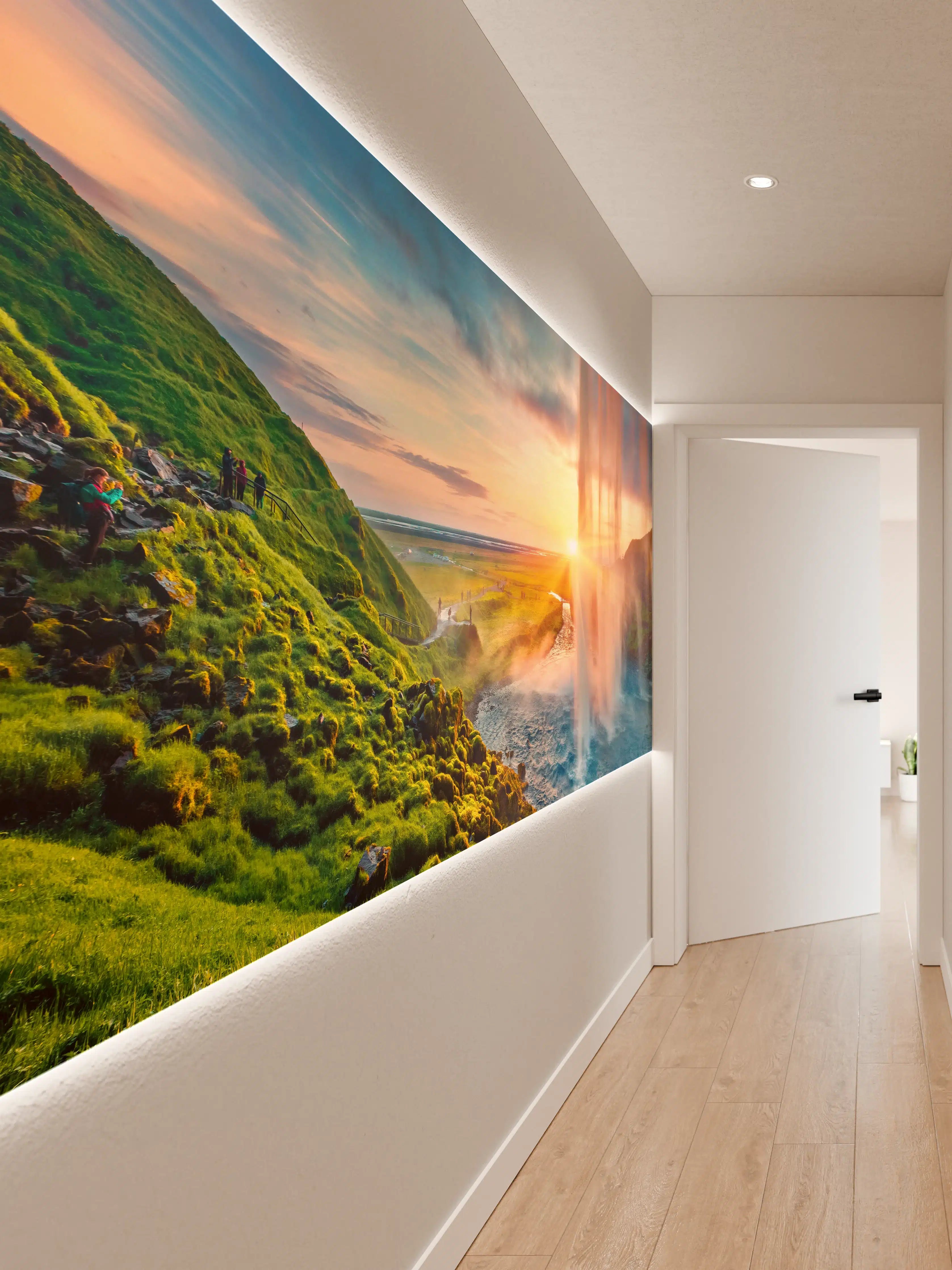 Wandverkleidung Flur - Verzaubernder Wasserfall bei Sonnenuntergang