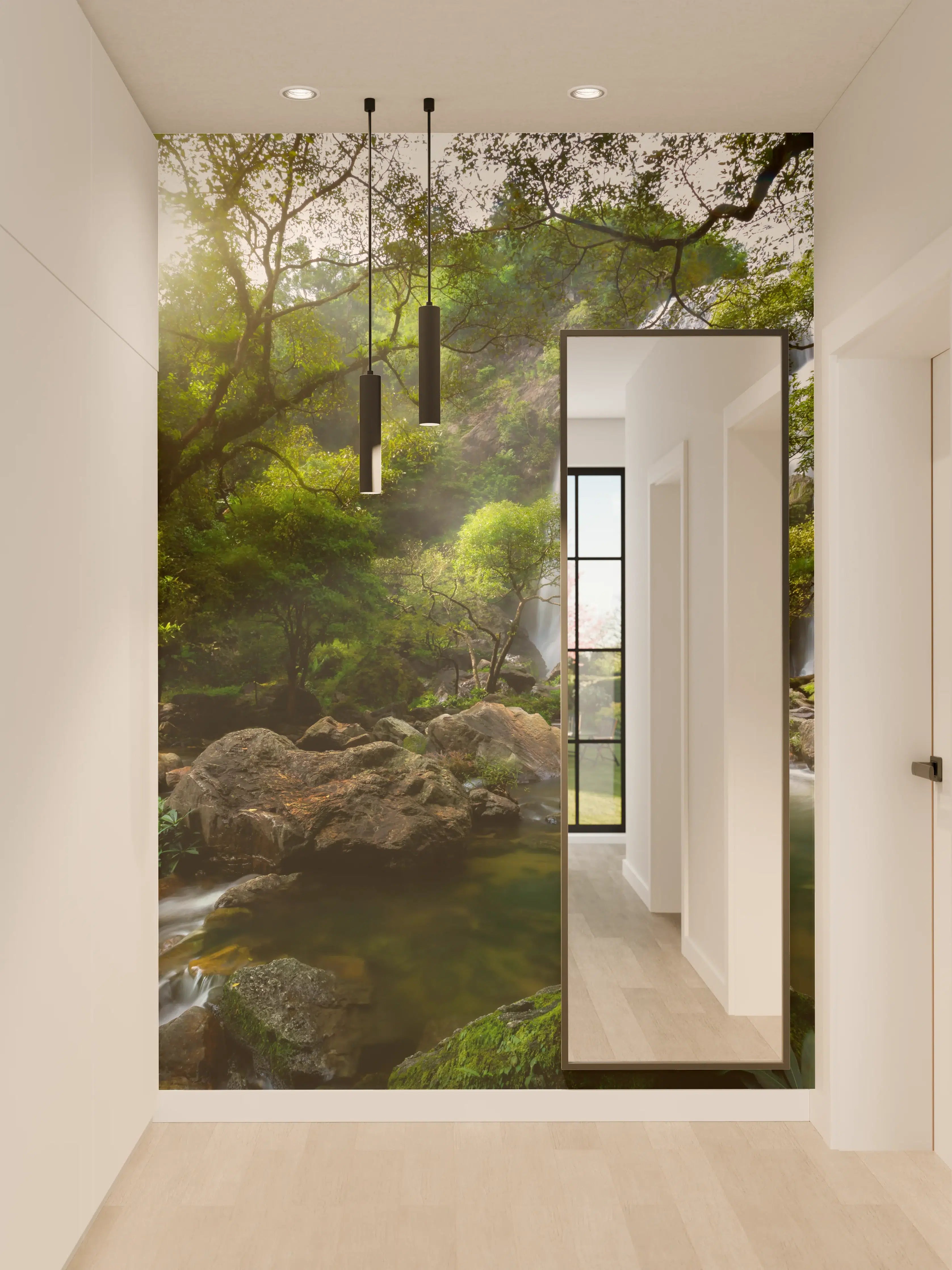 Wandverkleidung Flur - Verzaubernder Wasserfall im grünen Dschungel